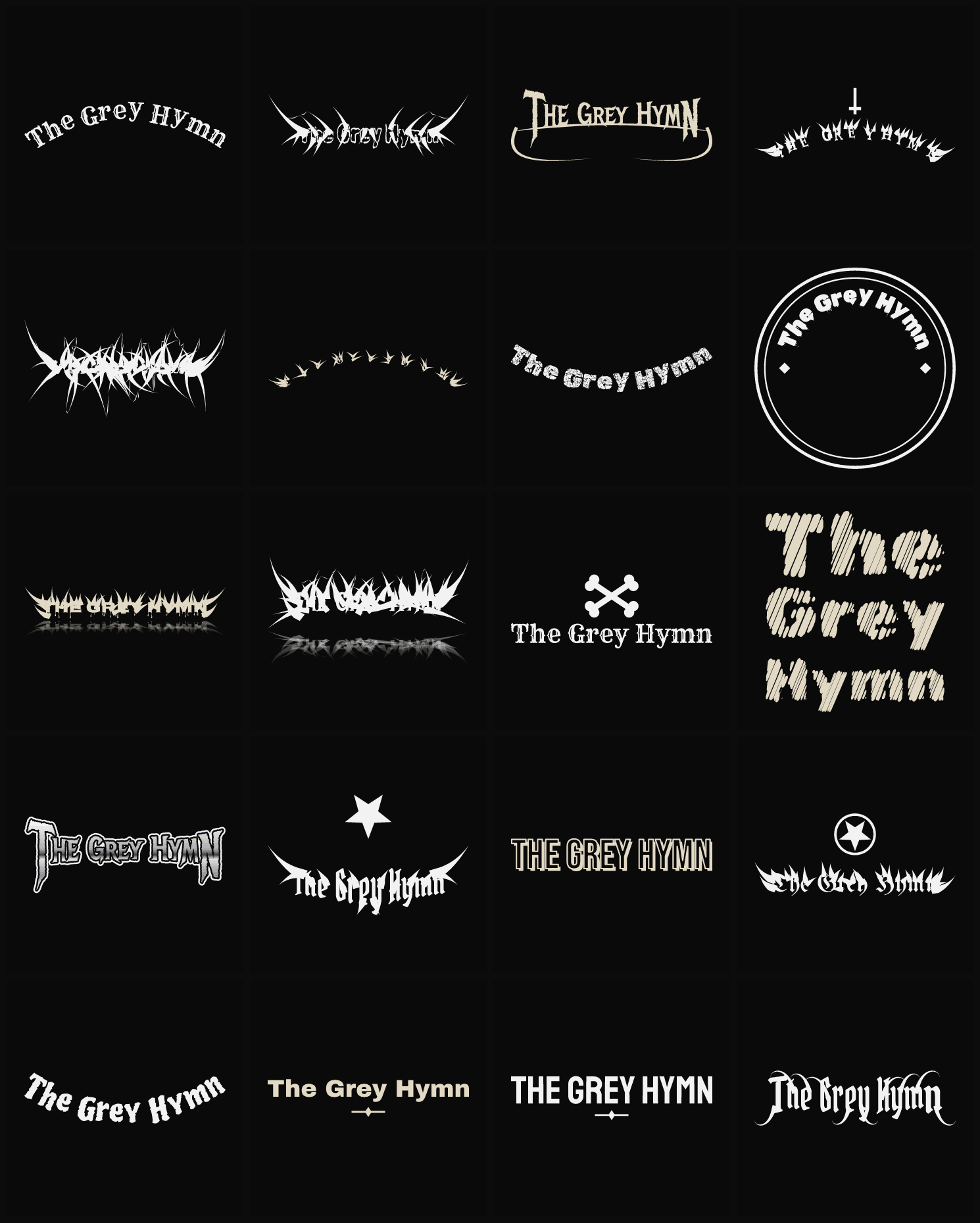 Twenty The Grey Hymn band logo ideas — different faces, treatments and spike settings
