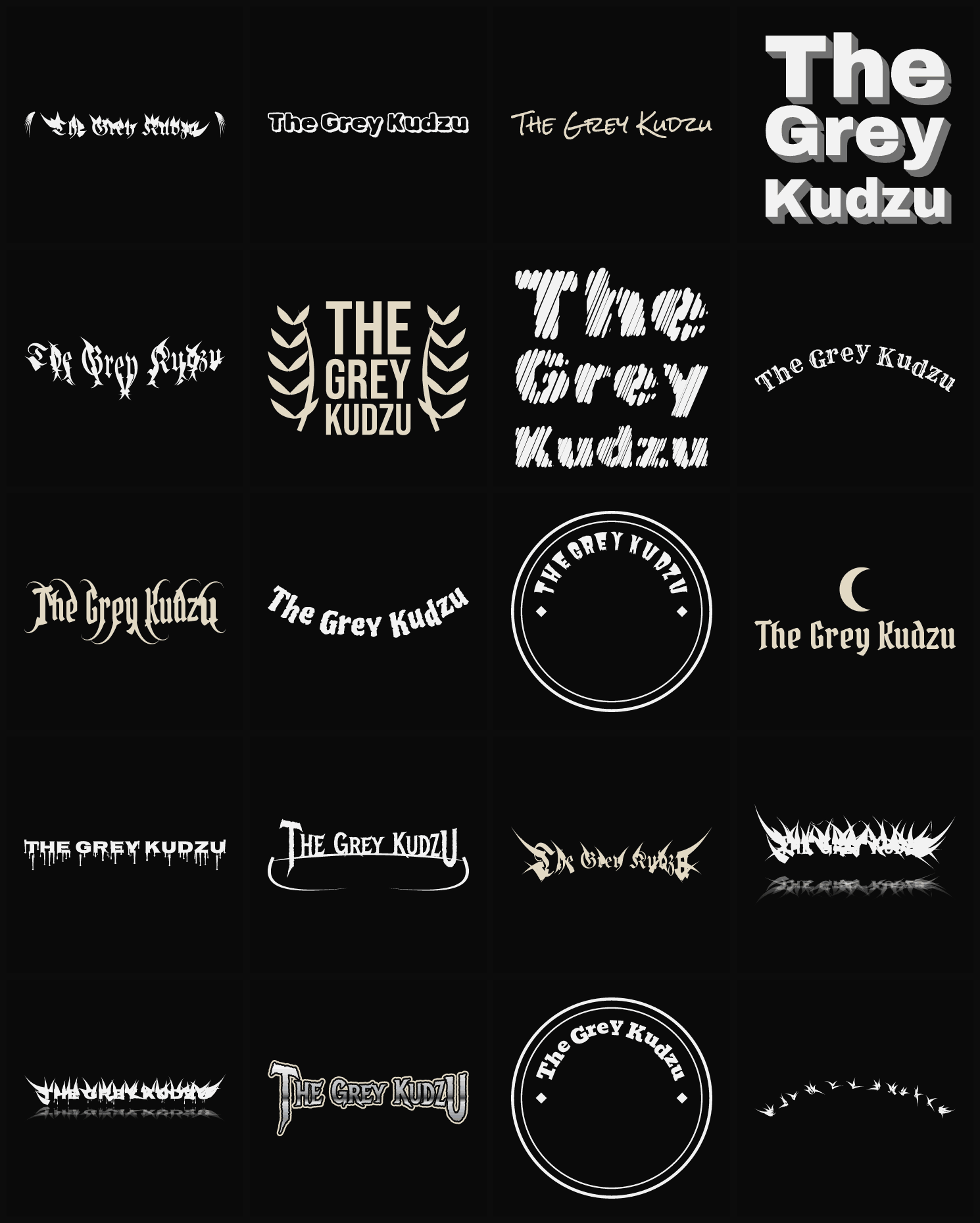 Twenty The Grey Kudzu band logo ideas — different faces, treatments and spike settings