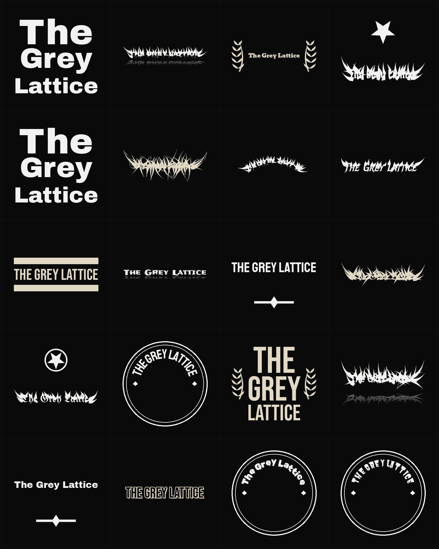 Twenty The Grey Lattice band logo ideas — different faces, treatments and spike settings