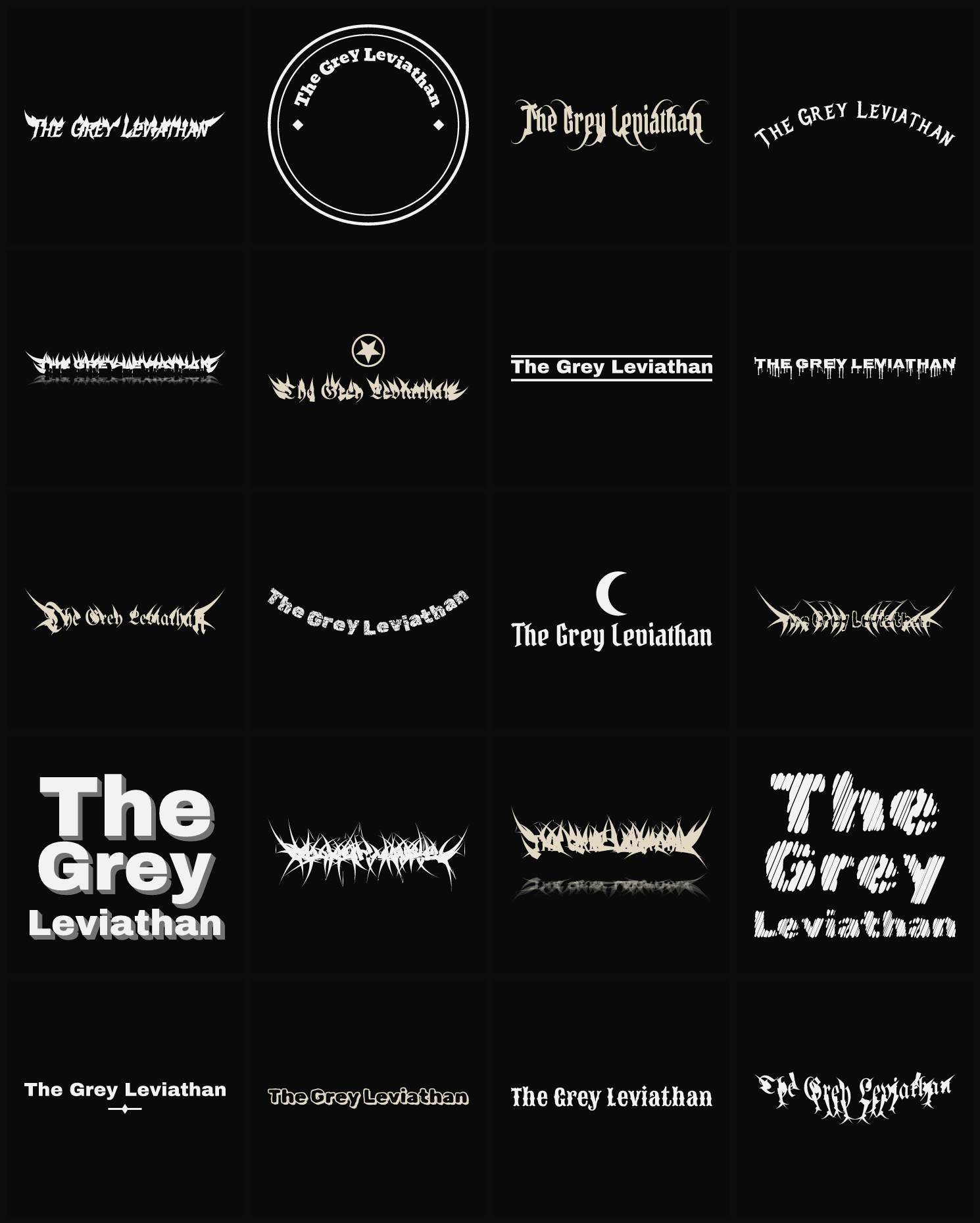 Twenty The Grey Leviathan band logo ideas — different faces, treatments and spike settings