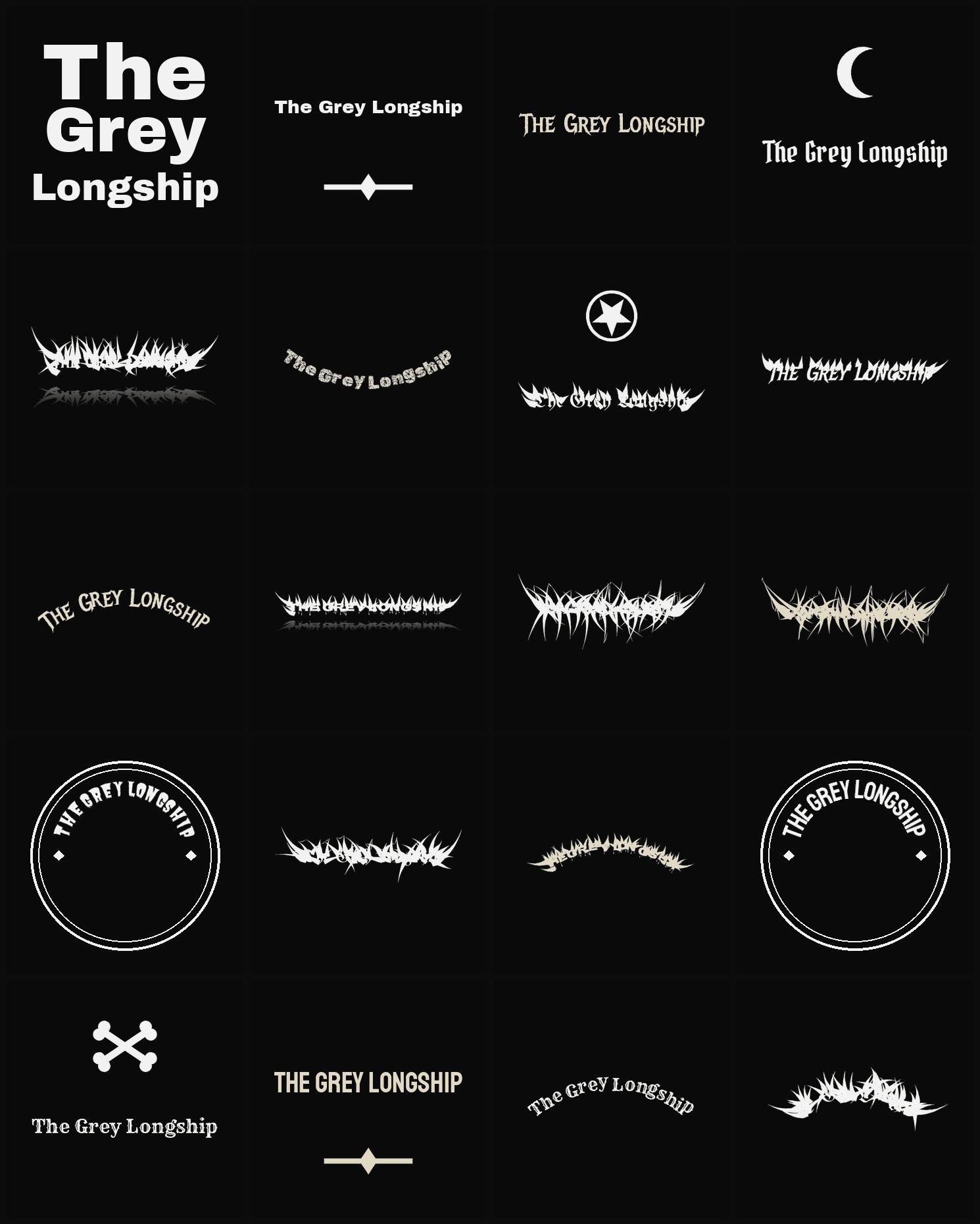 Twenty The Grey Longship band logo ideas — different faces, treatments and spike settings