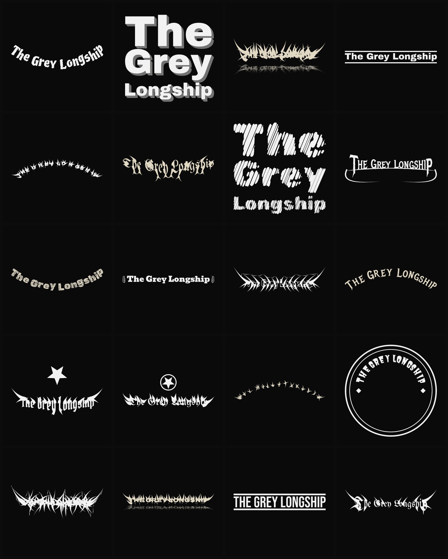 Twenty The Grey Longship band logo ideas — different faces, treatments and spike settings