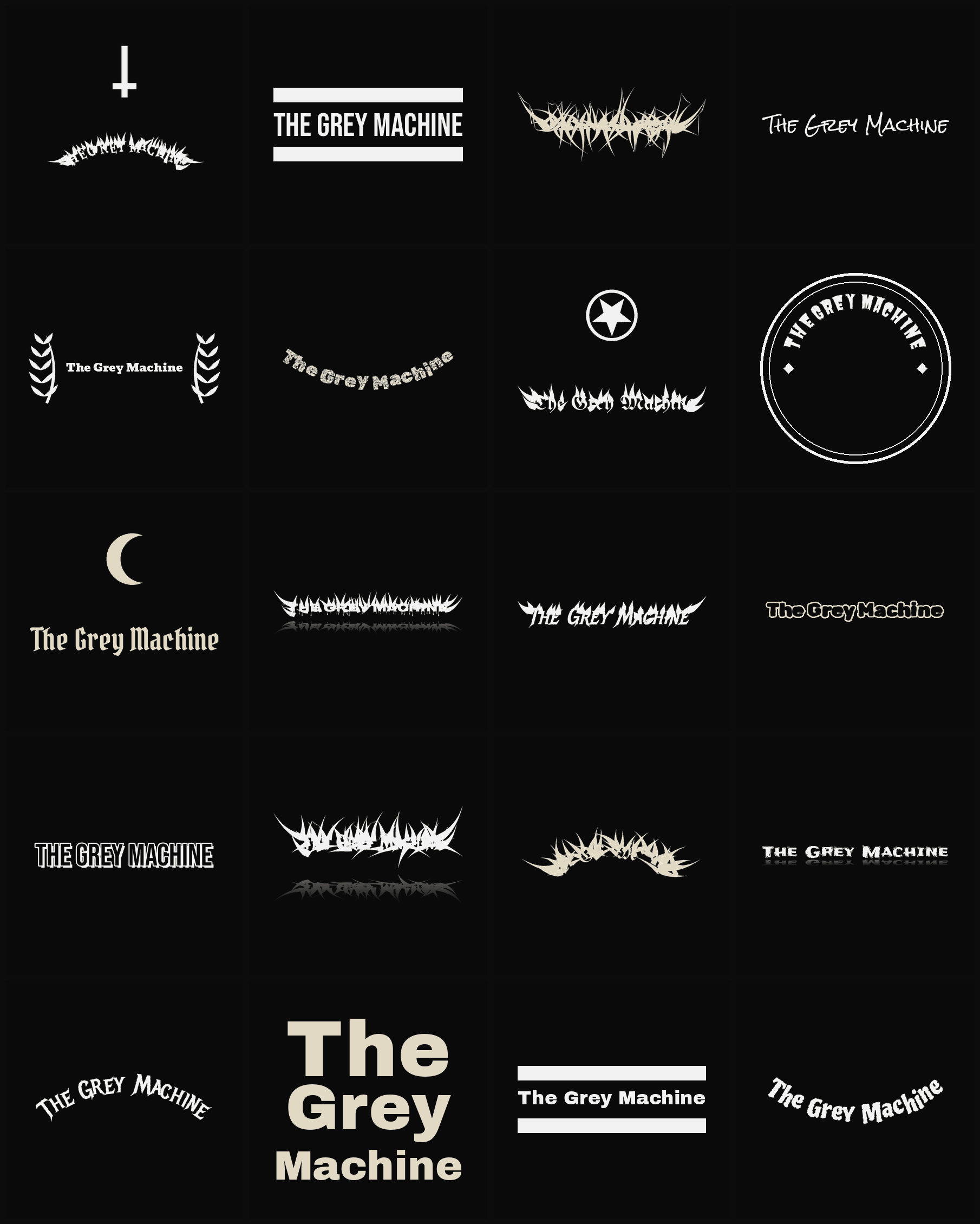 Twenty The Grey Machine band logo ideas — different faces, treatments and spike settings