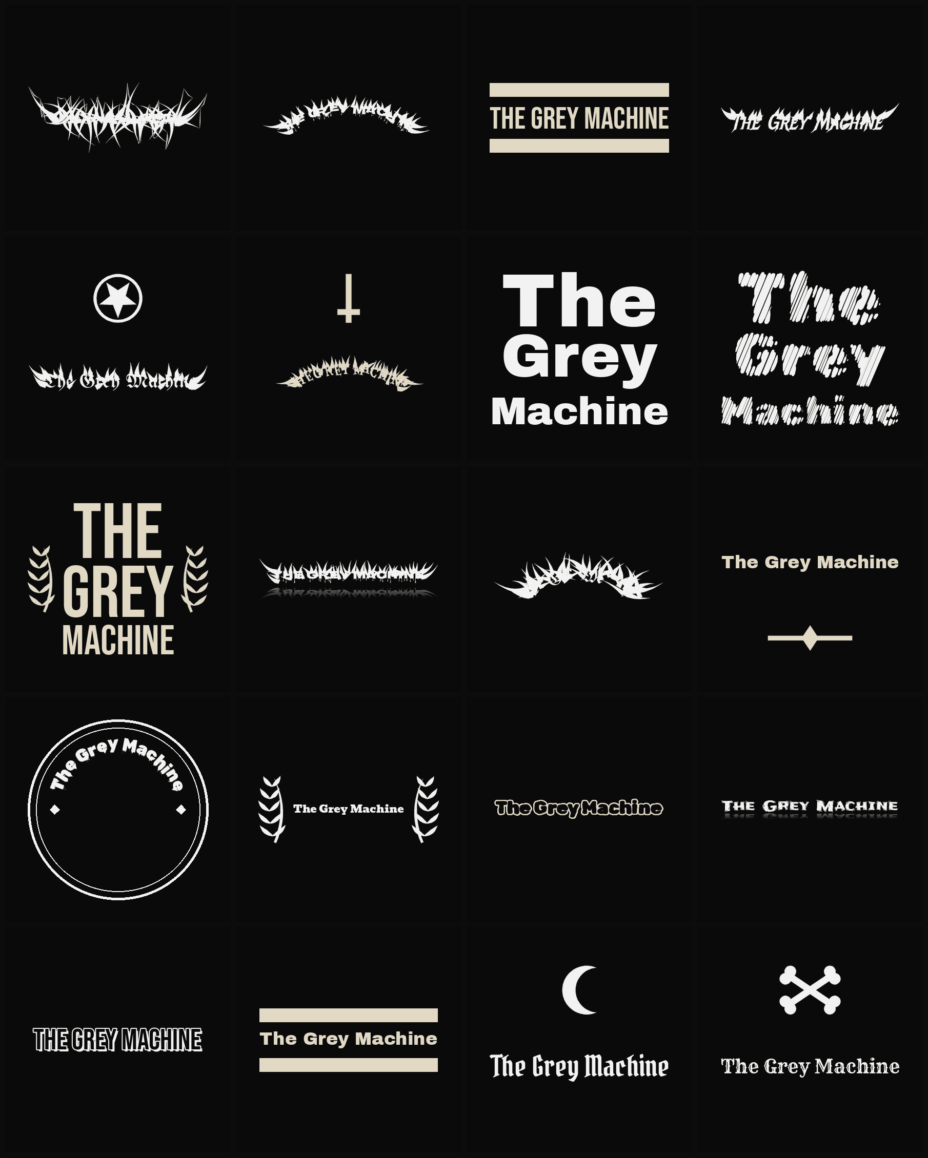 Twenty The Grey Machine band logo ideas — different faces, treatments and spike settings