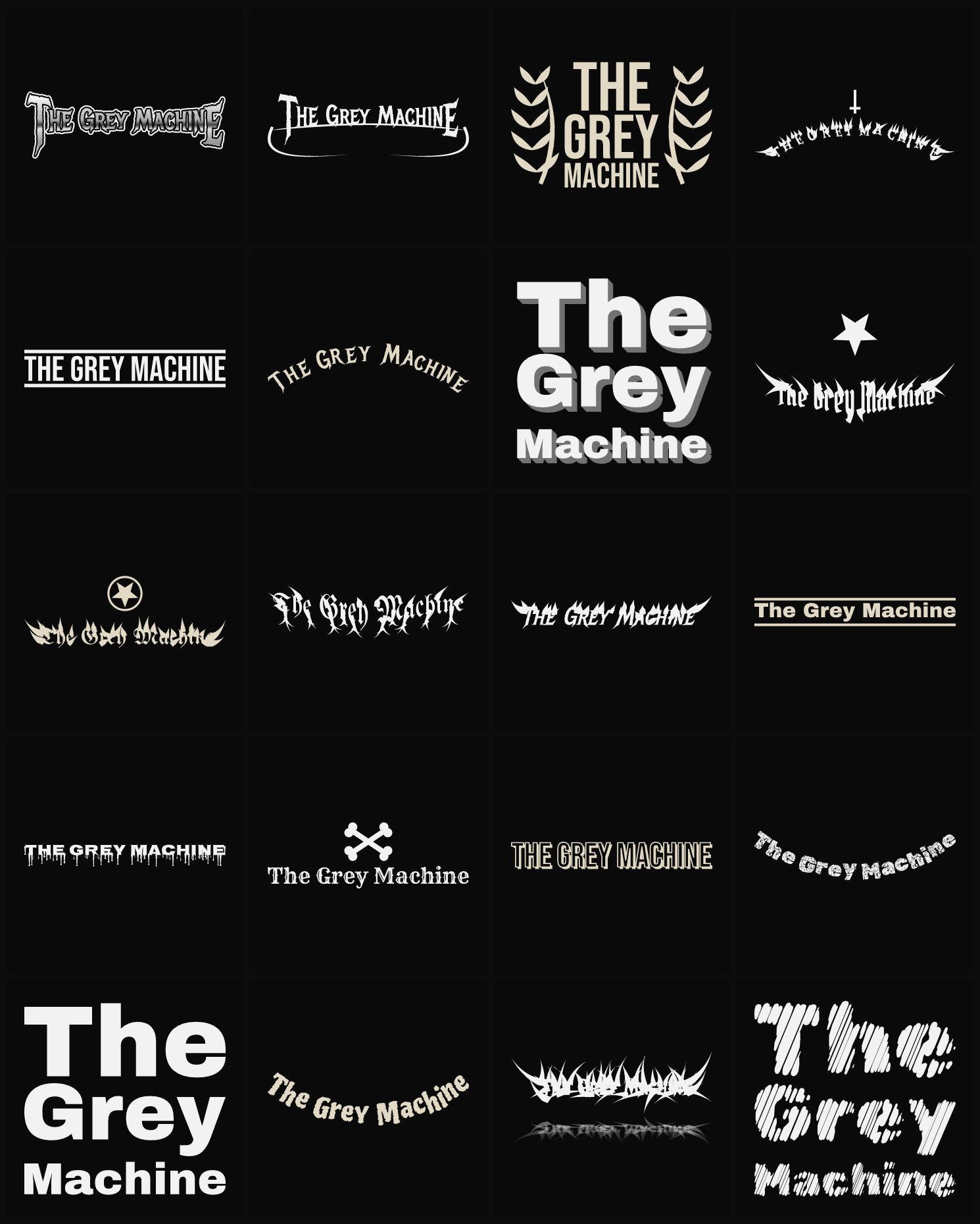 Twenty The Grey Machine band logo ideas — different faces, treatments and spike settings