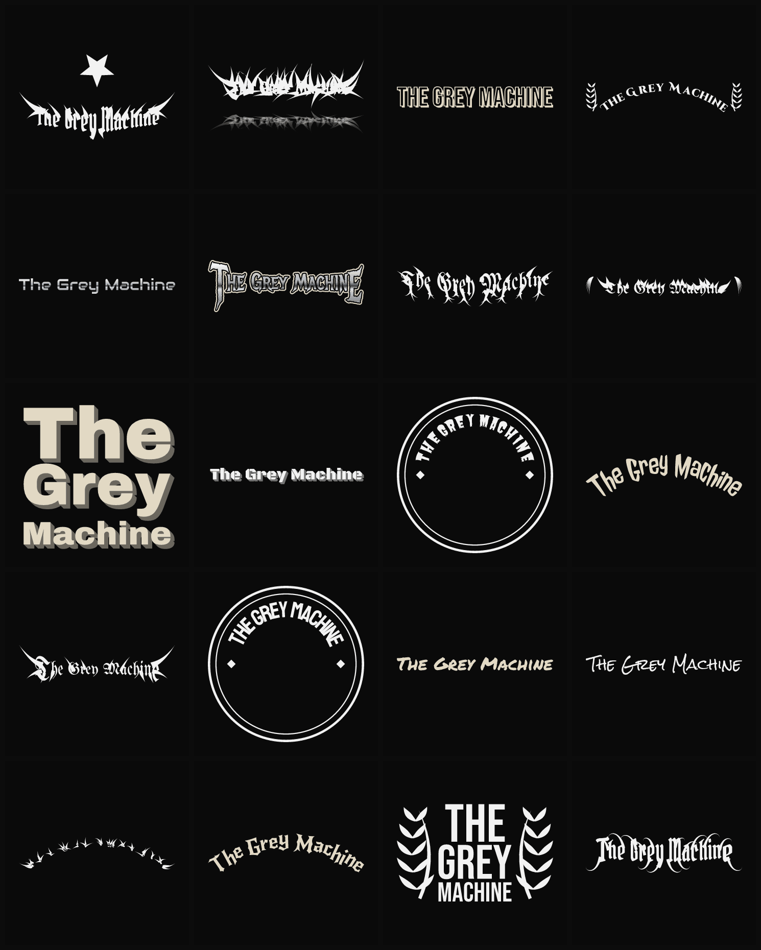 Twenty The Grey Machine band logo ideas — different faces, treatments and spike settings