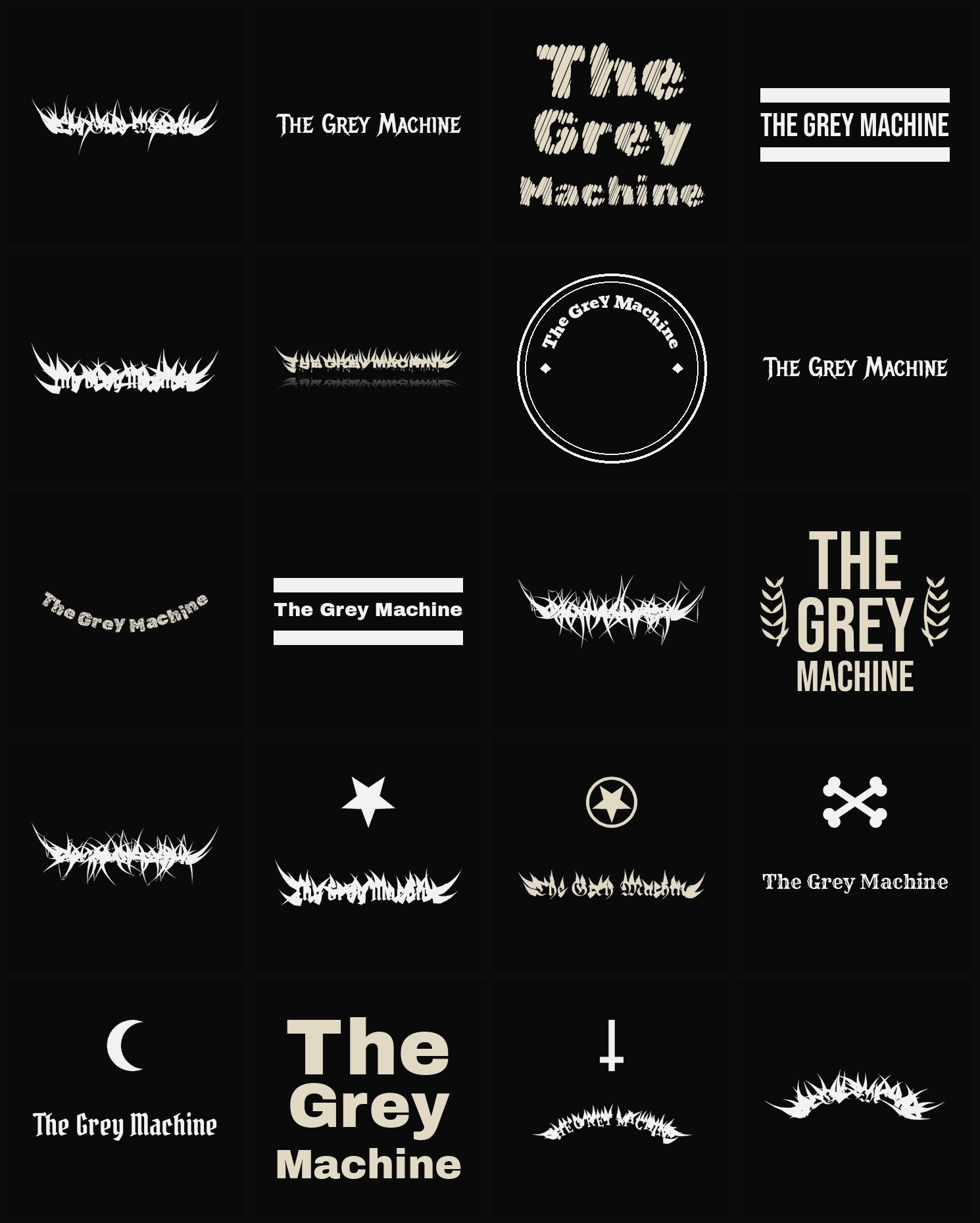 Twenty The Grey Machine band logo ideas — different faces, treatments and spike settings