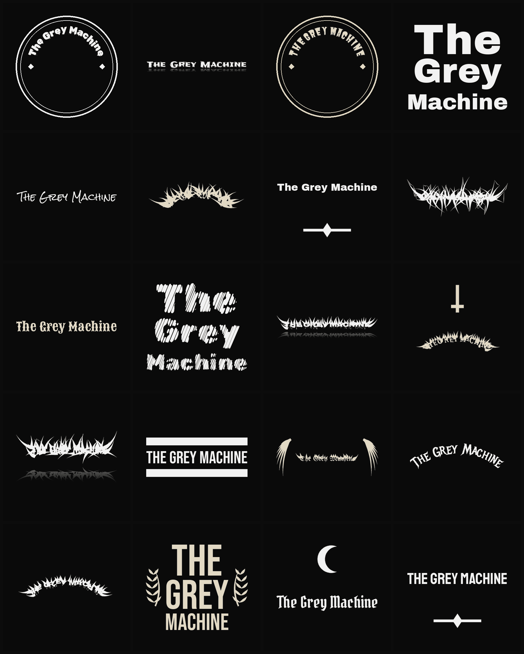 Twenty The Grey Machine band logo ideas — different faces, treatments and spike settings