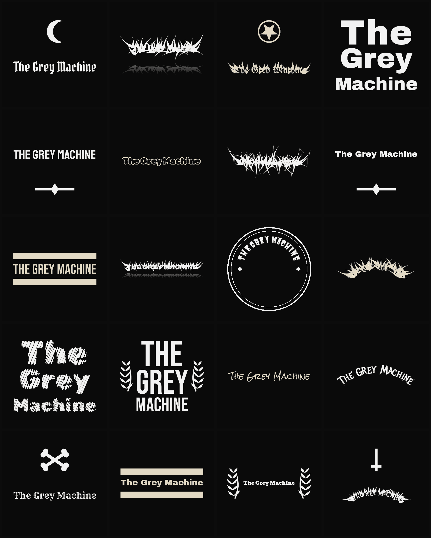 Twenty The Grey Machine band logo ideas — different faces, treatments and spike settings