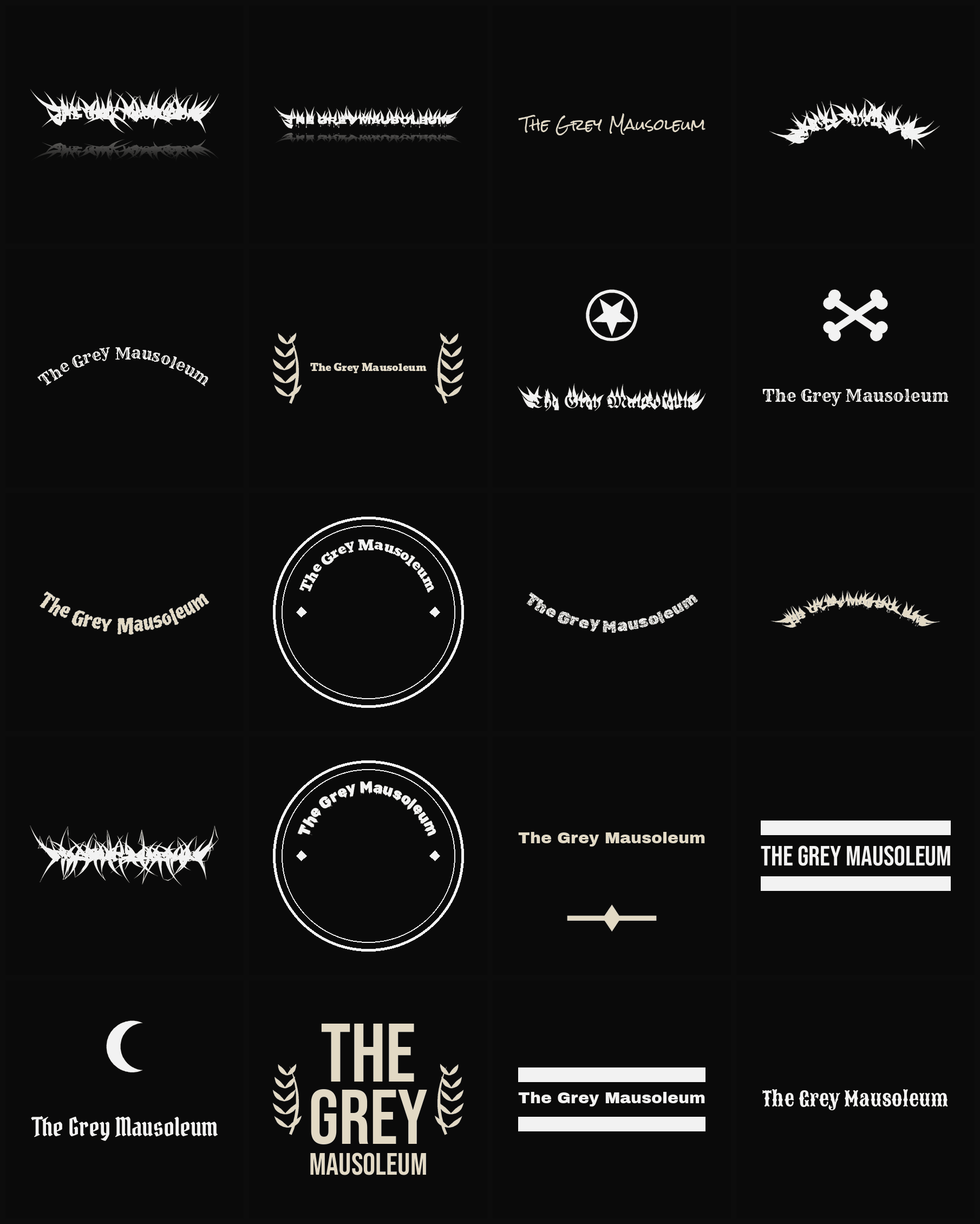 Twenty The Grey Mausoleum band logo ideas — different faces, treatments and spike settings