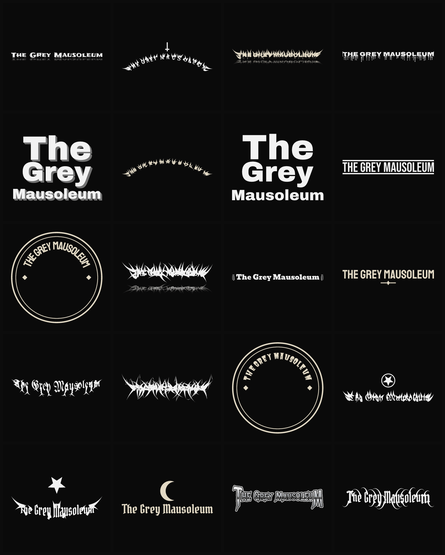 Twenty The Grey Mausoleum band logo ideas — different faces, treatments and spike settings