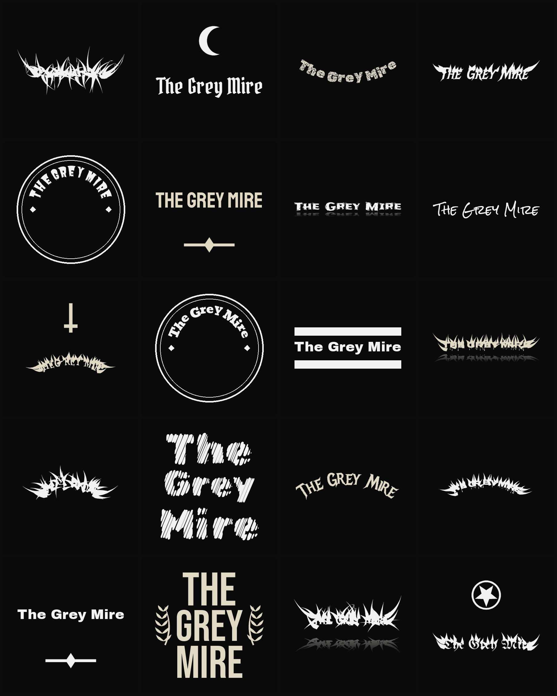 Twenty The Grey Mire band logo ideas — different faces, treatments and spike settings