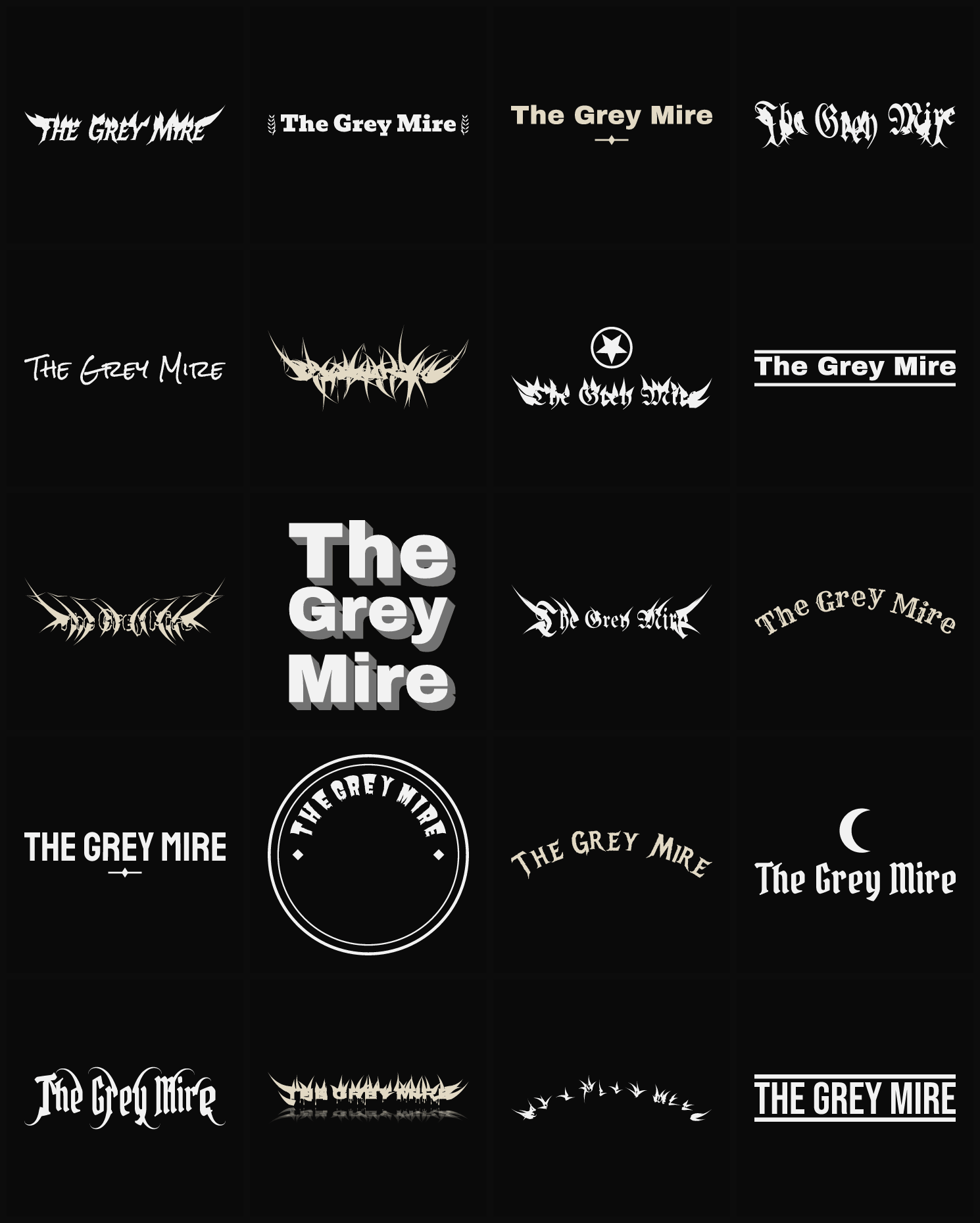 Twenty The Grey Mire band logo ideas — different faces, treatments and spike settings