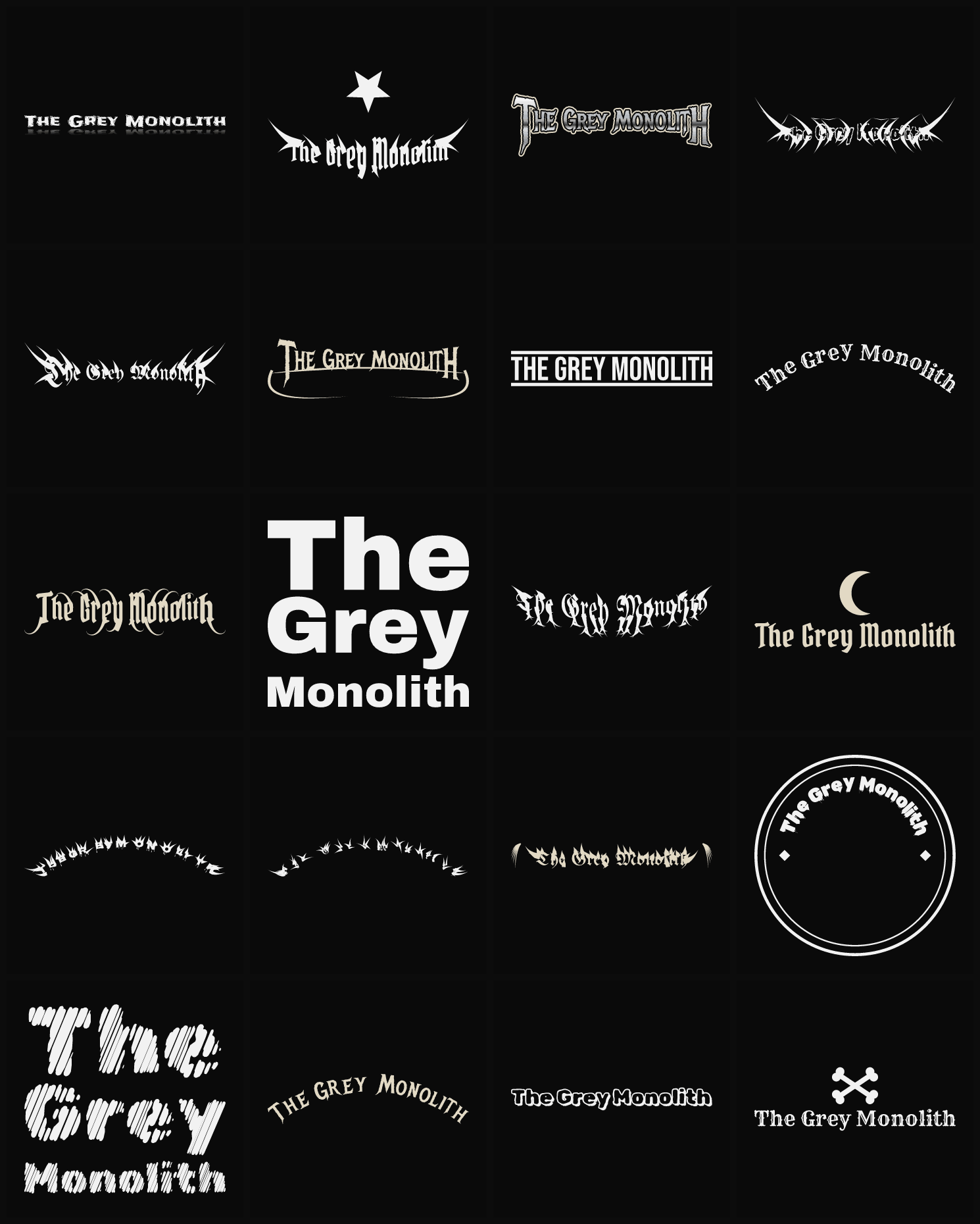 Twenty The Grey Monolith band logo ideas — different faces, treatments and spike settings