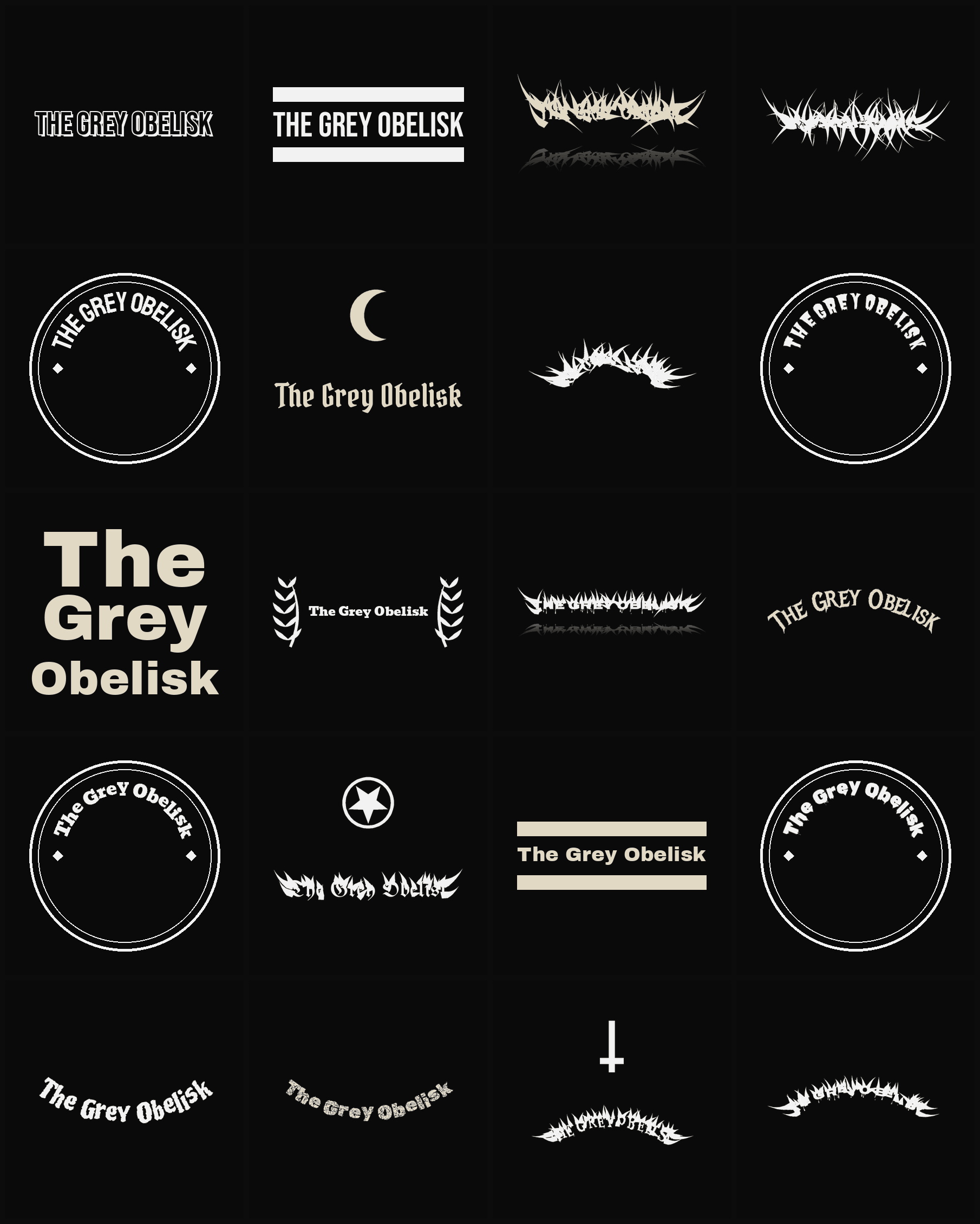 Twenty The Grey Obelisk band logo ideas — different faces, treatments and spike settings