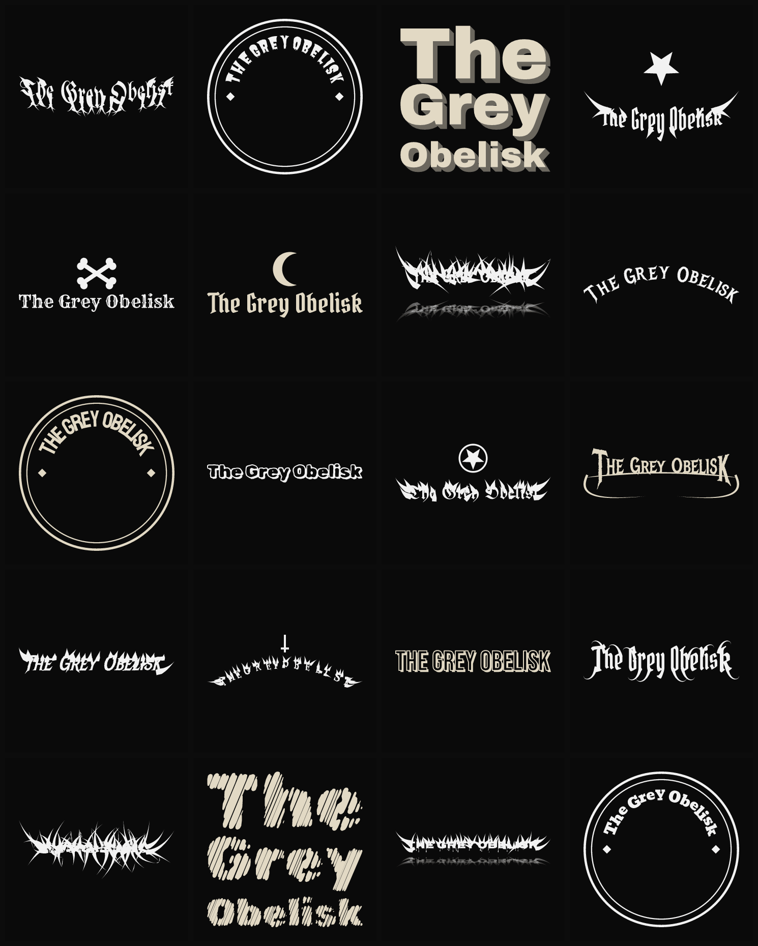 Twenty The Grey Obelisk band logo ideas — different faces, treatments and spike settings