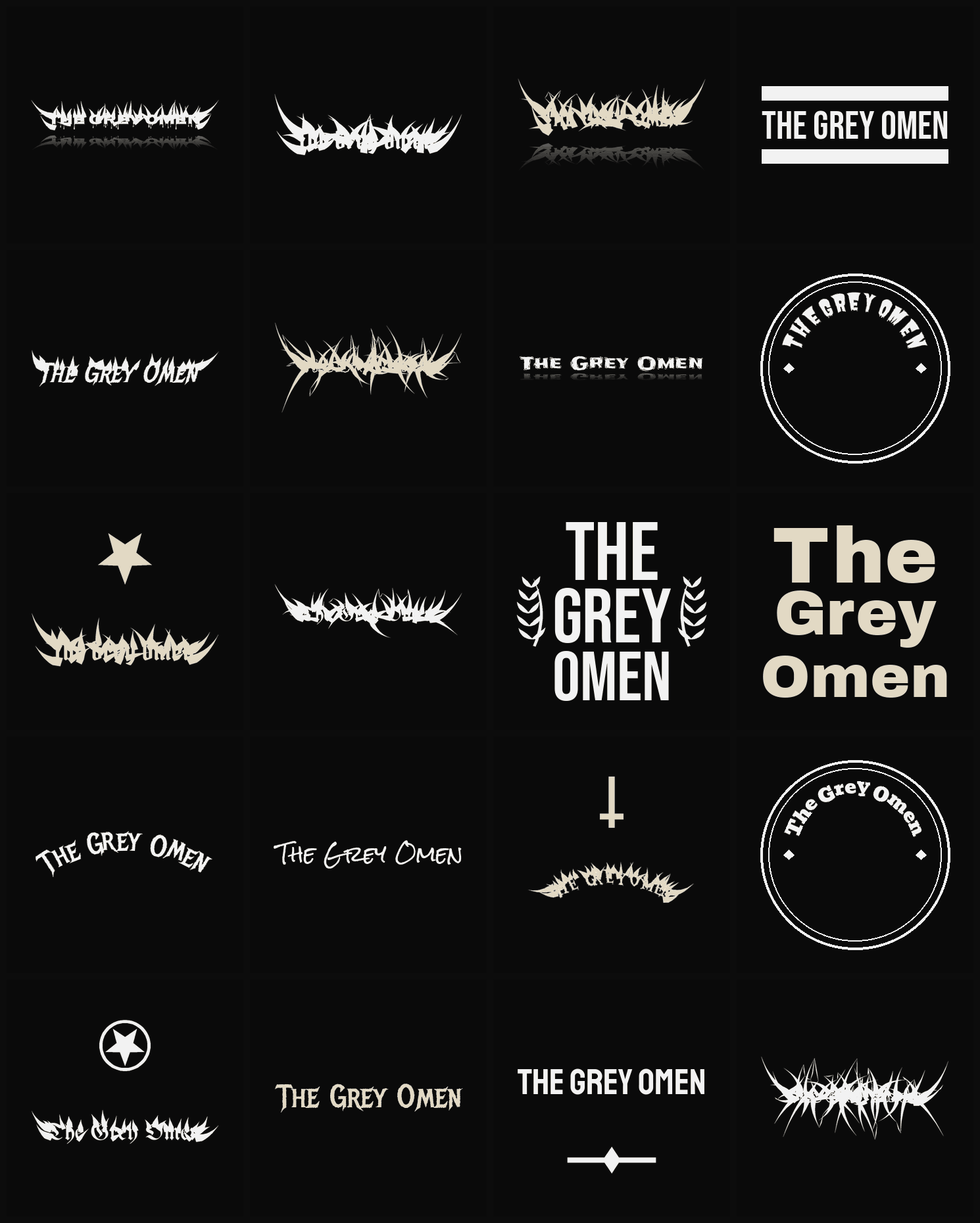 Twenty The Grey Omen band logo ideas — different faces, treatments and spike settings