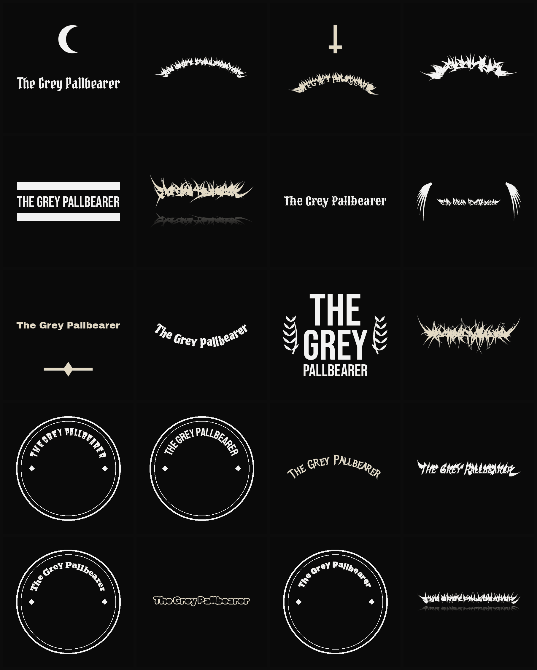 Twenty The Grey Pallbearer band logo ideas — different faces, treatments and spike settings