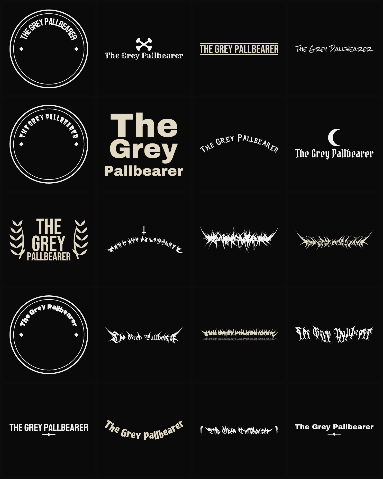 Twenty The Grey Pallbearer band logo ideas — different faces, treatments and spike settings