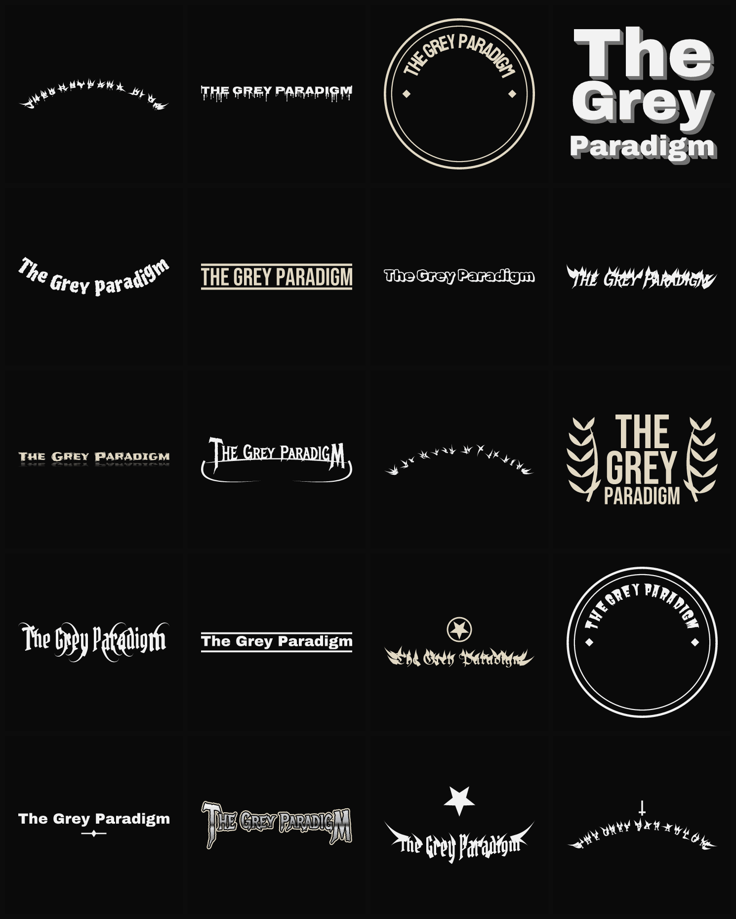 Twenty The Grey Paradigm band logo ideas — different faces, treatments and spike settings