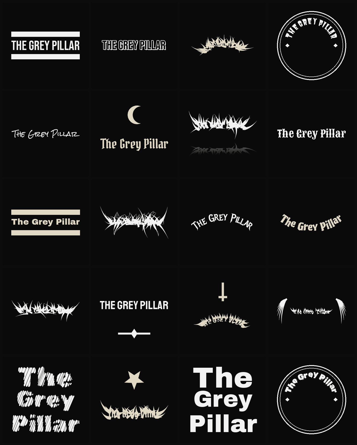 Twenty The Grey Pillar band logo ideas — different faces, treatments and spike settings