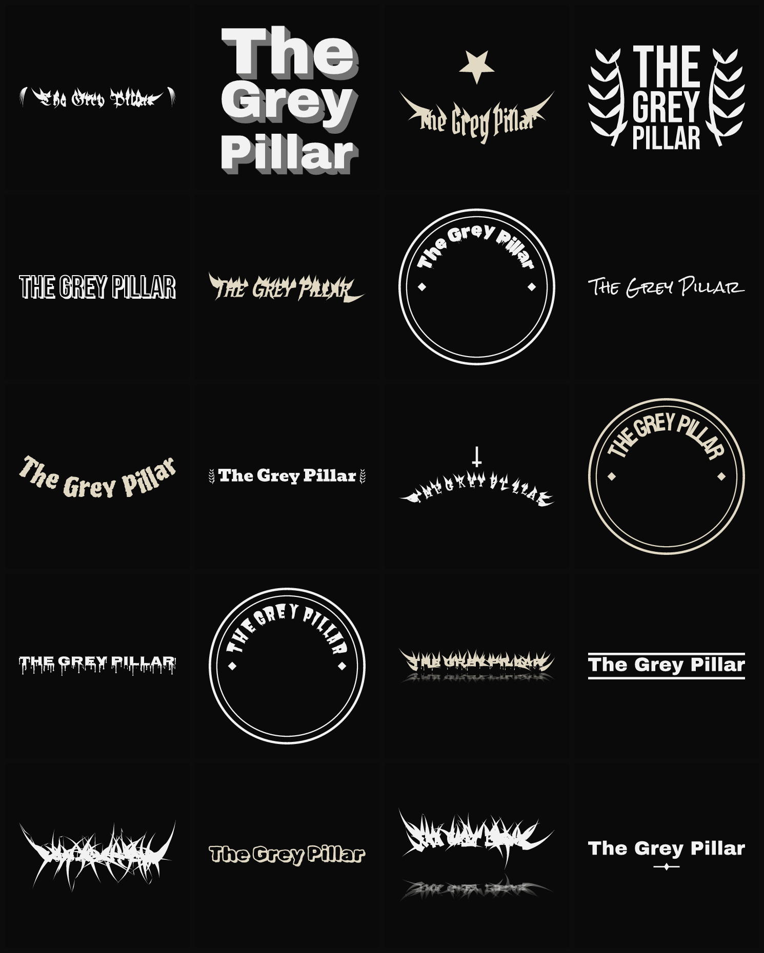 Twenty The Grey Pillar band logo ideas — different faces, treatments and spike settings