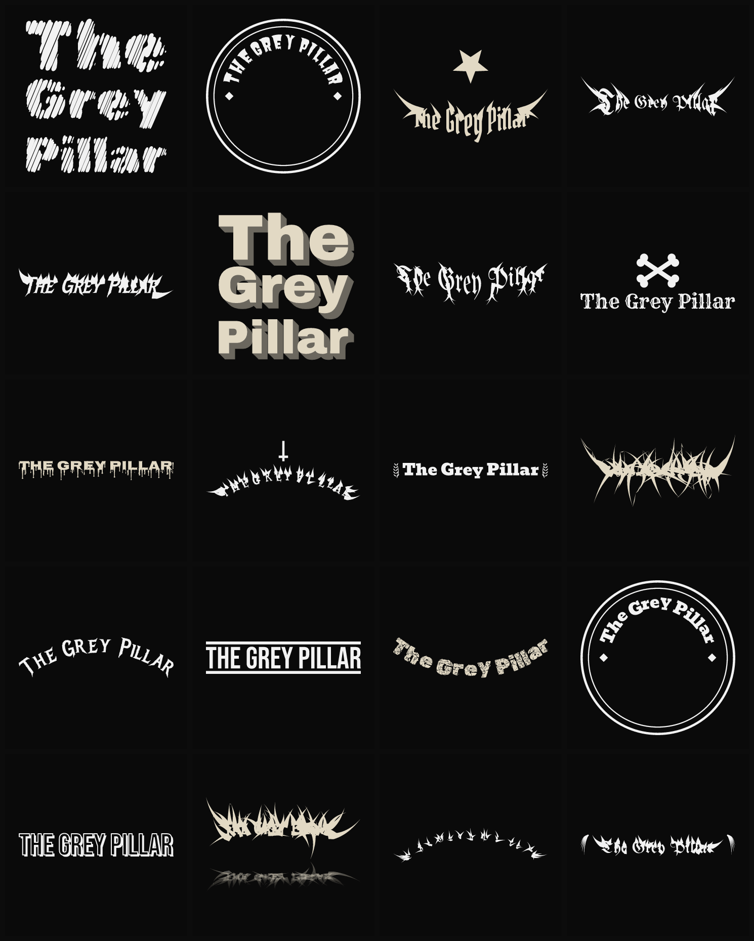 Twenty The Grey Pillar band logo ideas — different faces, treatments and spike settings