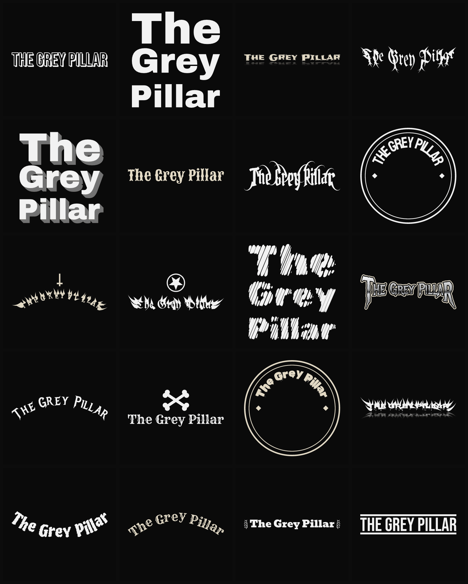 Twenty The Grey Pillar band logo ideas — different faces, treatments and spike settings