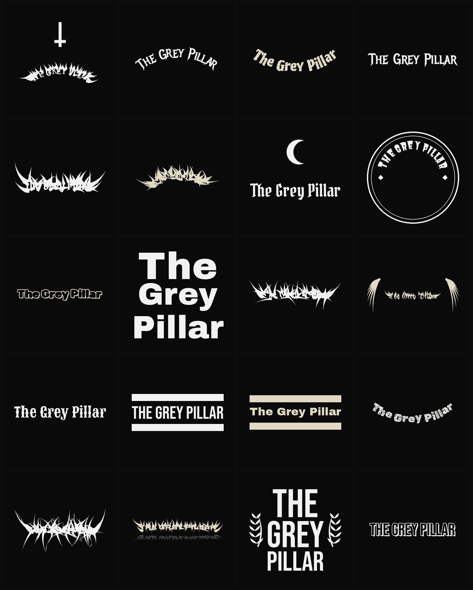 Twenty The Grey Pillar band logo ideas — different faces, treatments and spike settings