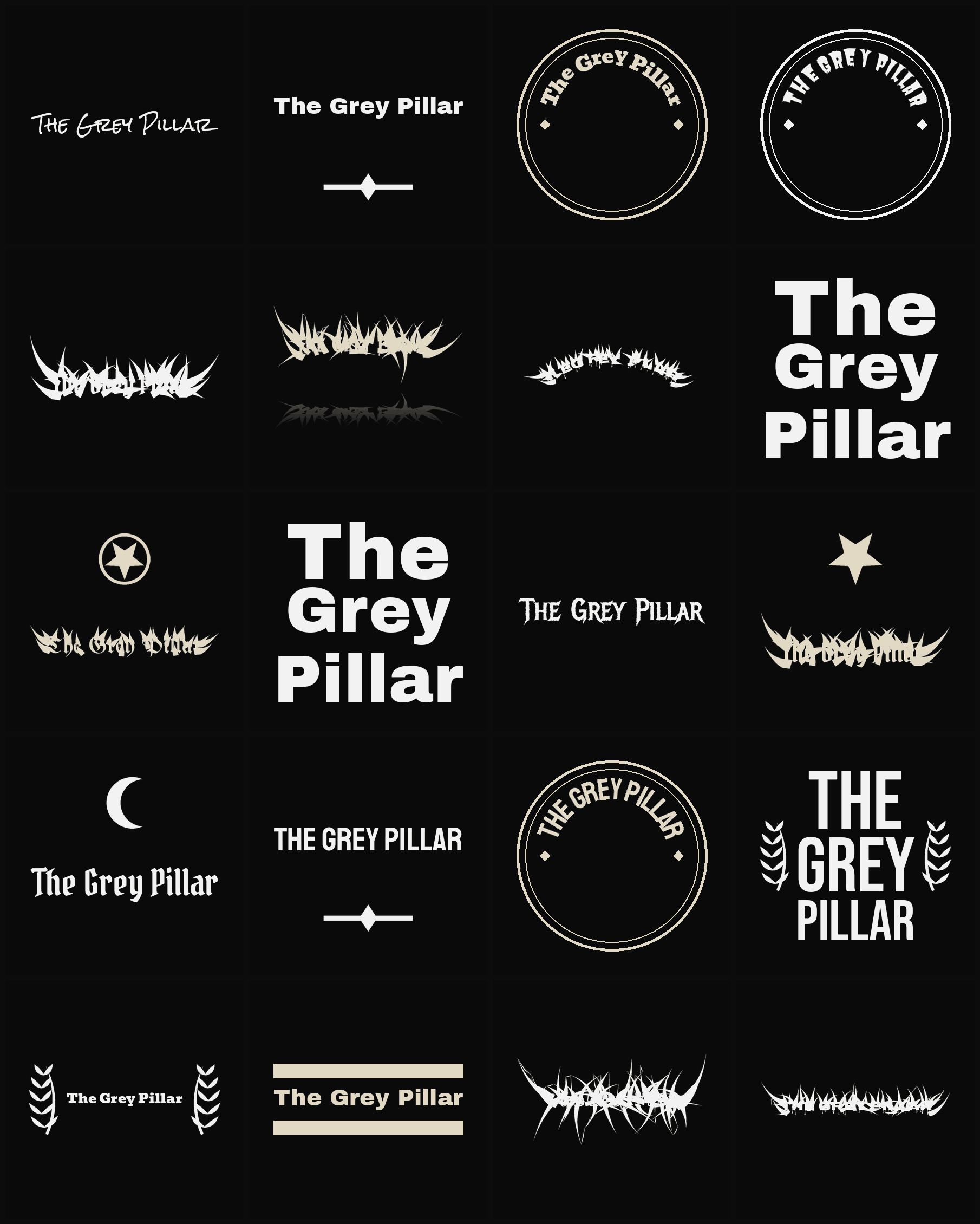Twenty The Grey Pillar band logo ideas — different faces, treatments and spike settings