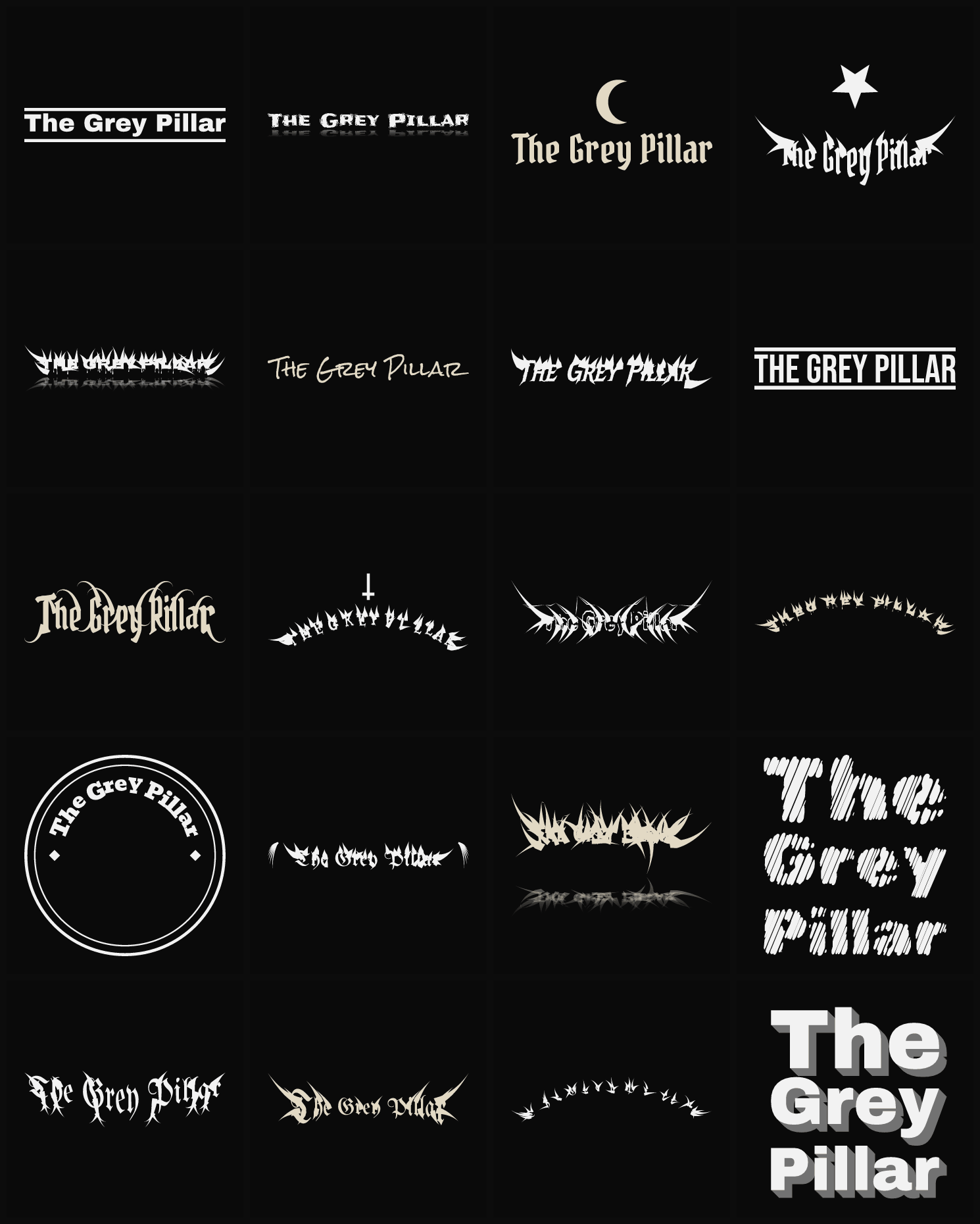 Twenty The Grey Pillar band logo ideas — different faces, treatments and spike settings