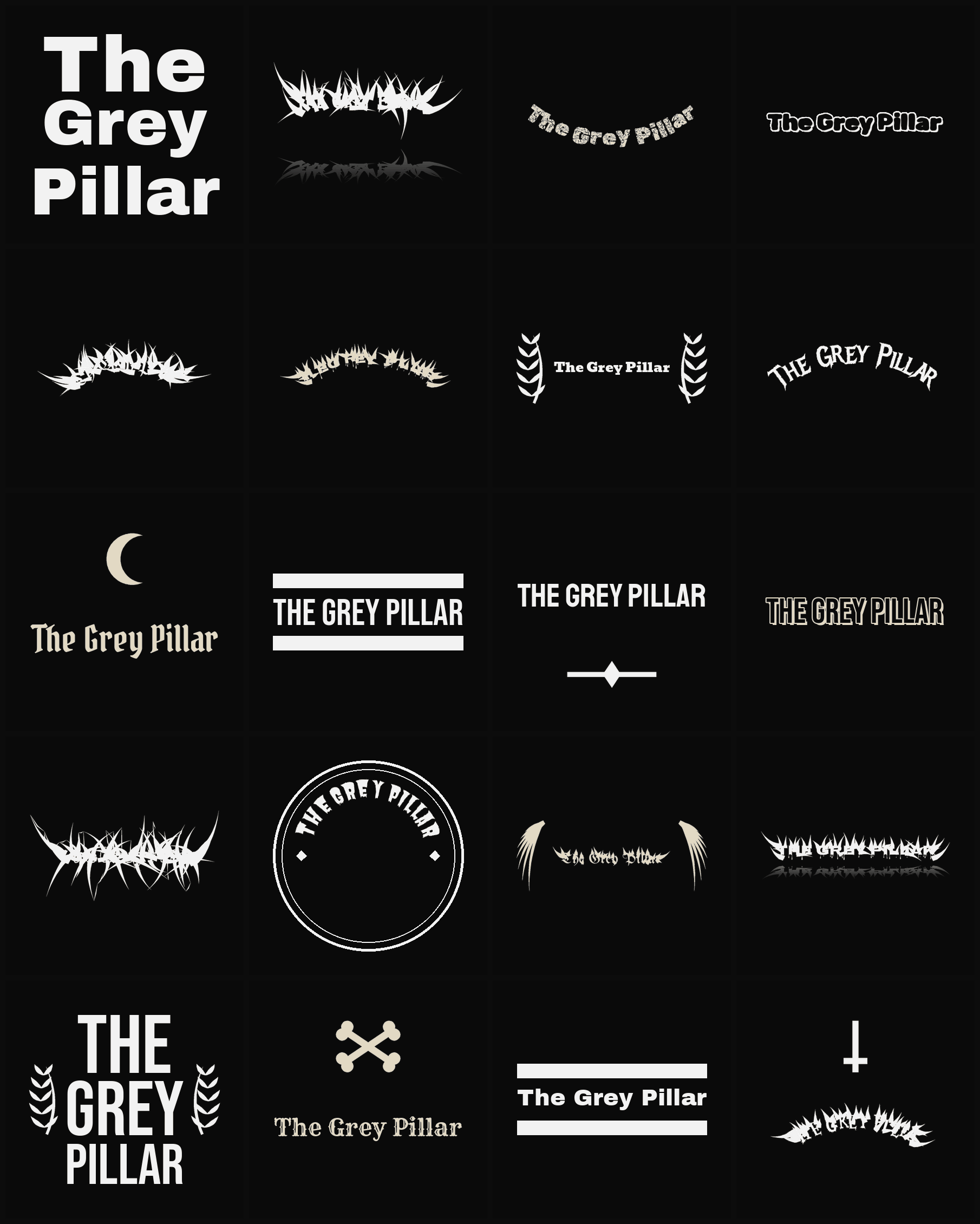 Twenty The Grey Pillar band logo ideas — different faces, treatments and spike settings