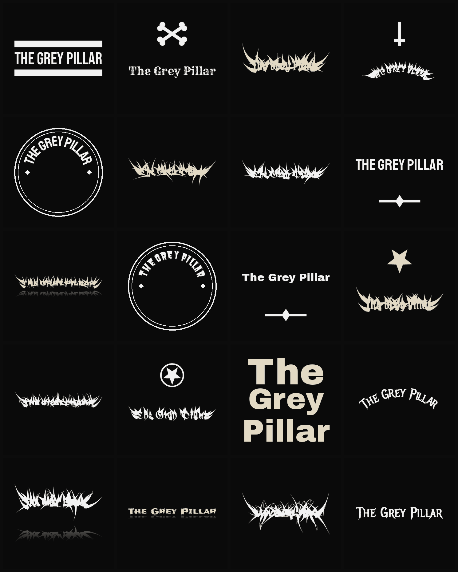 Twenty The Grey Pillar band logo ideas — different faces, treatments and spike settings
