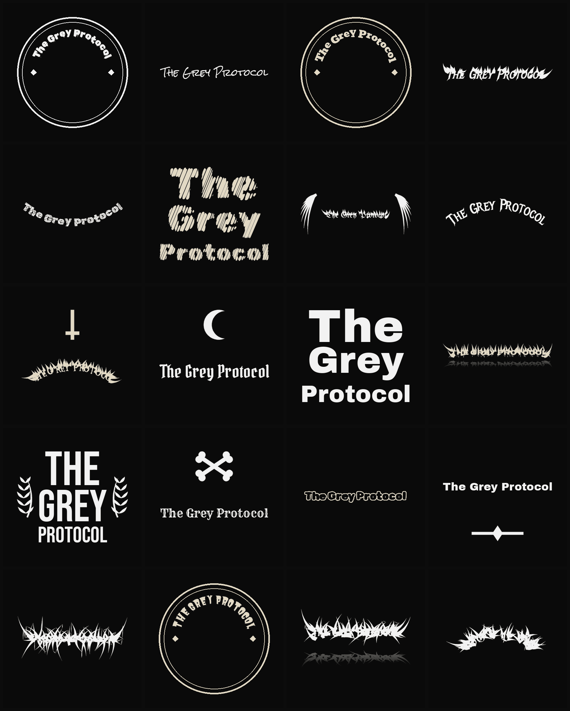 Twenty The Grey Protocol band logo ideas — different faces, treatments and spike settings