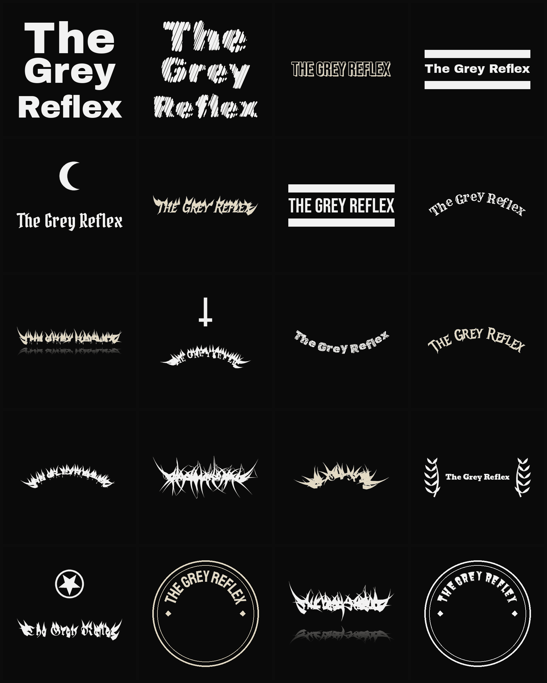 Twenty The Grey Reflex band logo ideas — different faces, treatments and spike settings