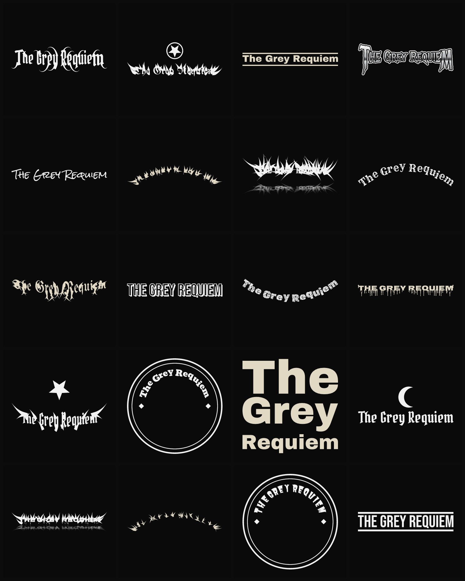 Twenty The Grey Requiem band logo ideas — different faces, treatments and spike settings