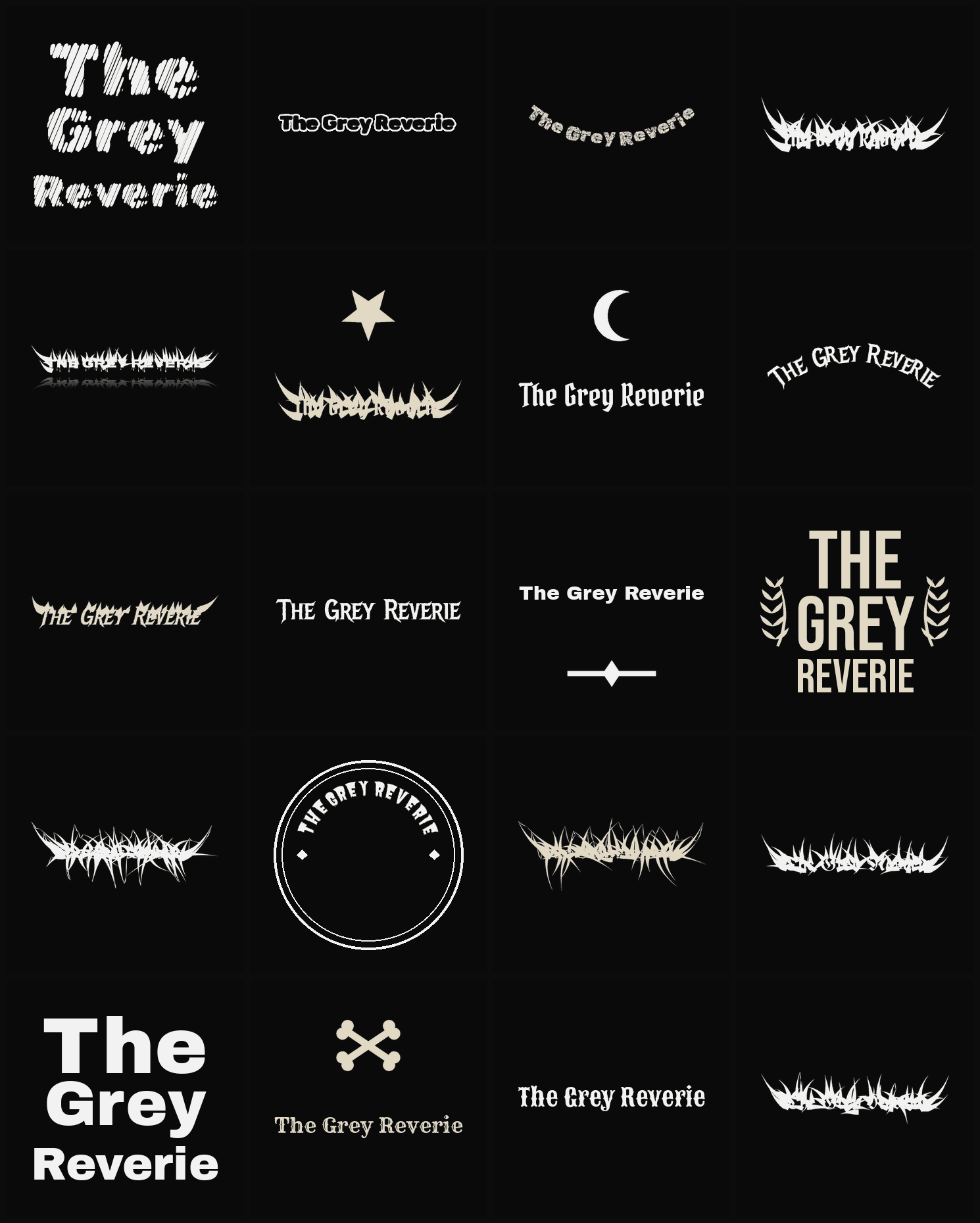 Twenty The Grey Reverie band logo ideas — different faces, treatments and spike settings