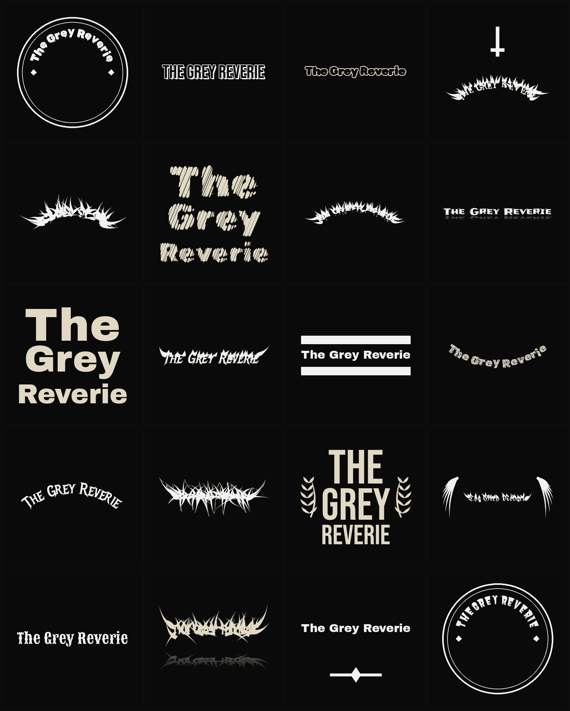 Twenty The Grey Reverie band logo ideas — different faces, treatments and spike settings