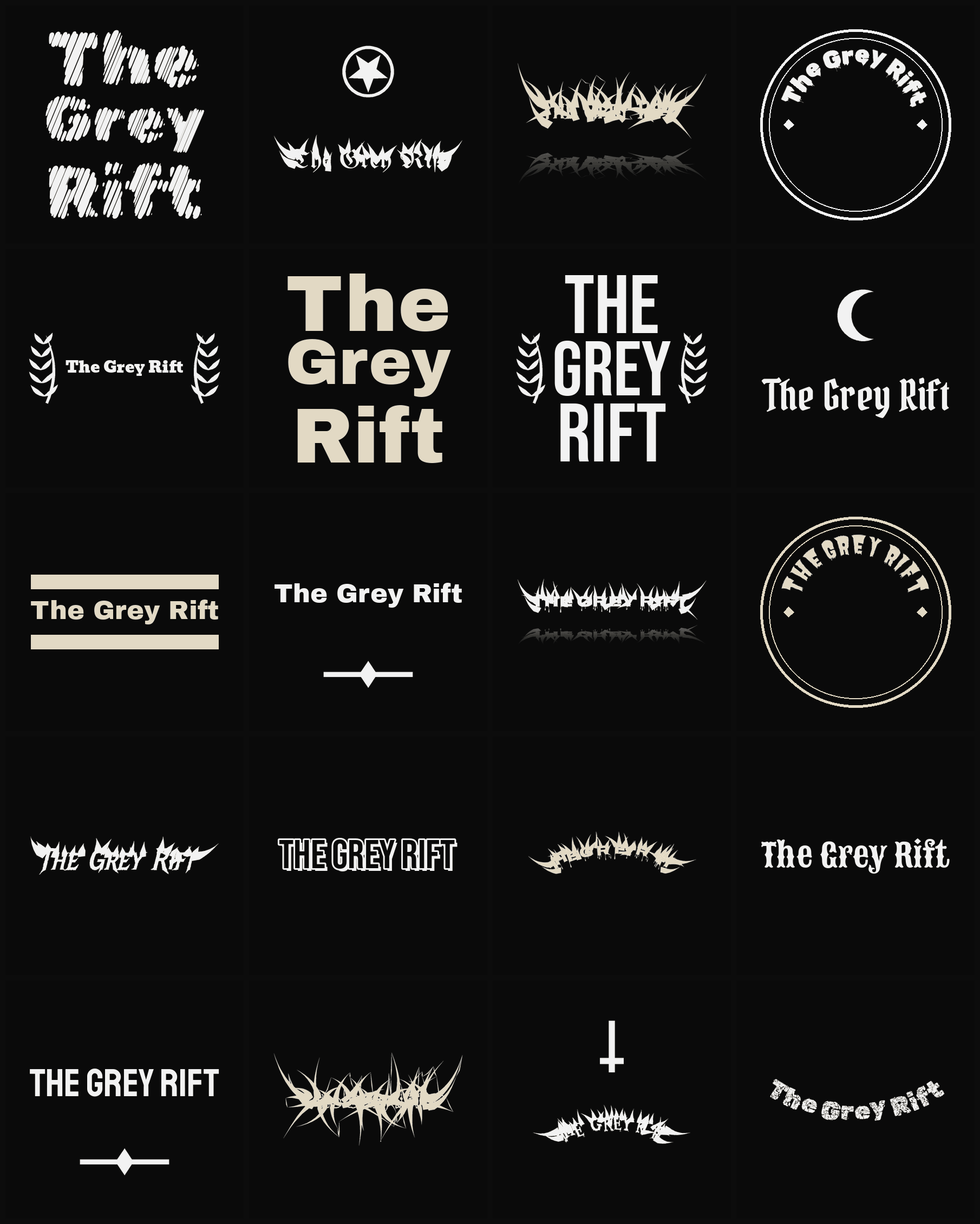 Twenty The Grey Rift band logo ideas — different faces, treatments and spike settings
