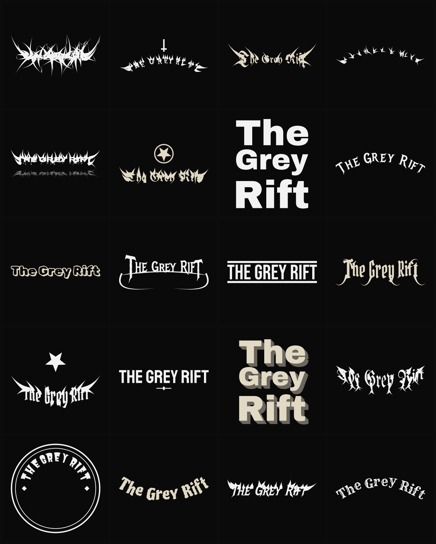 Twenty The Grey Rift band logo ideas — different faces, treatments and spike settings