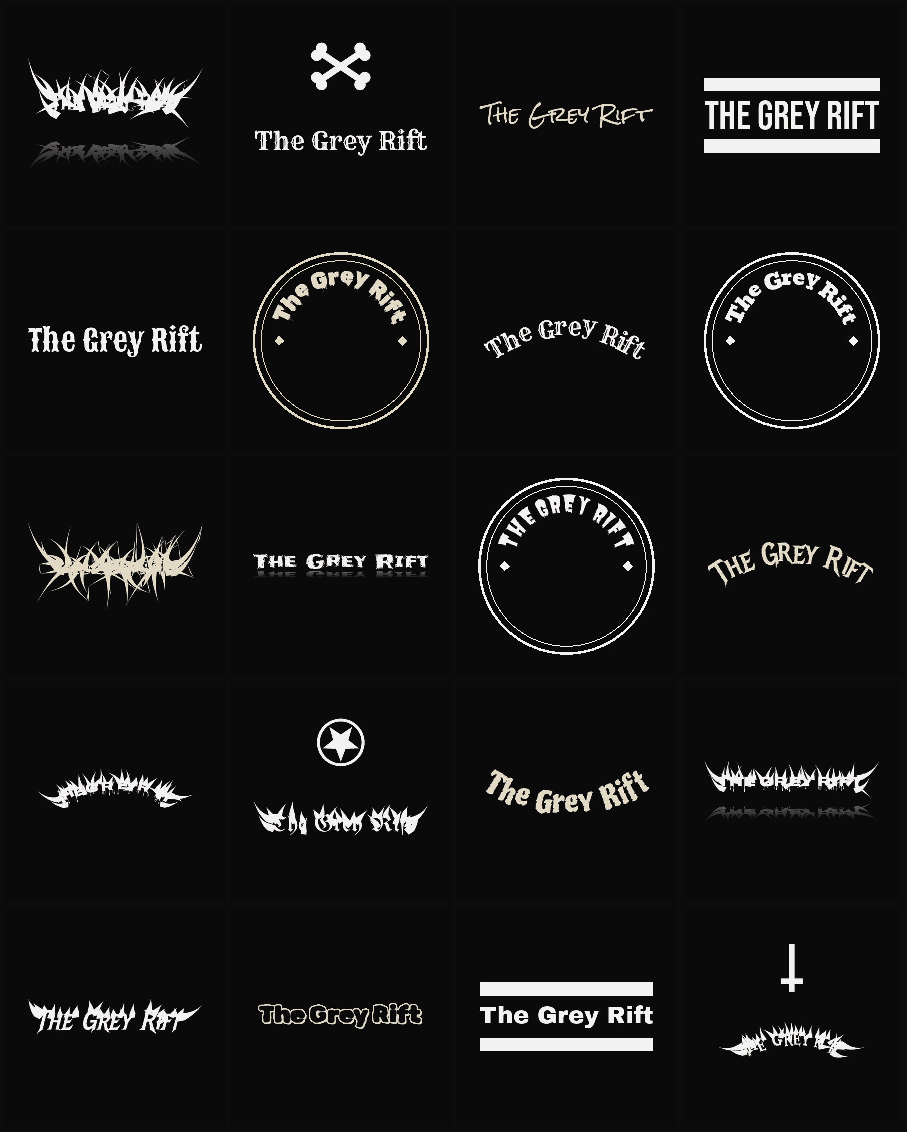 Twenty The Grey Rift band logo ideas — different faces, treatments and spike settings