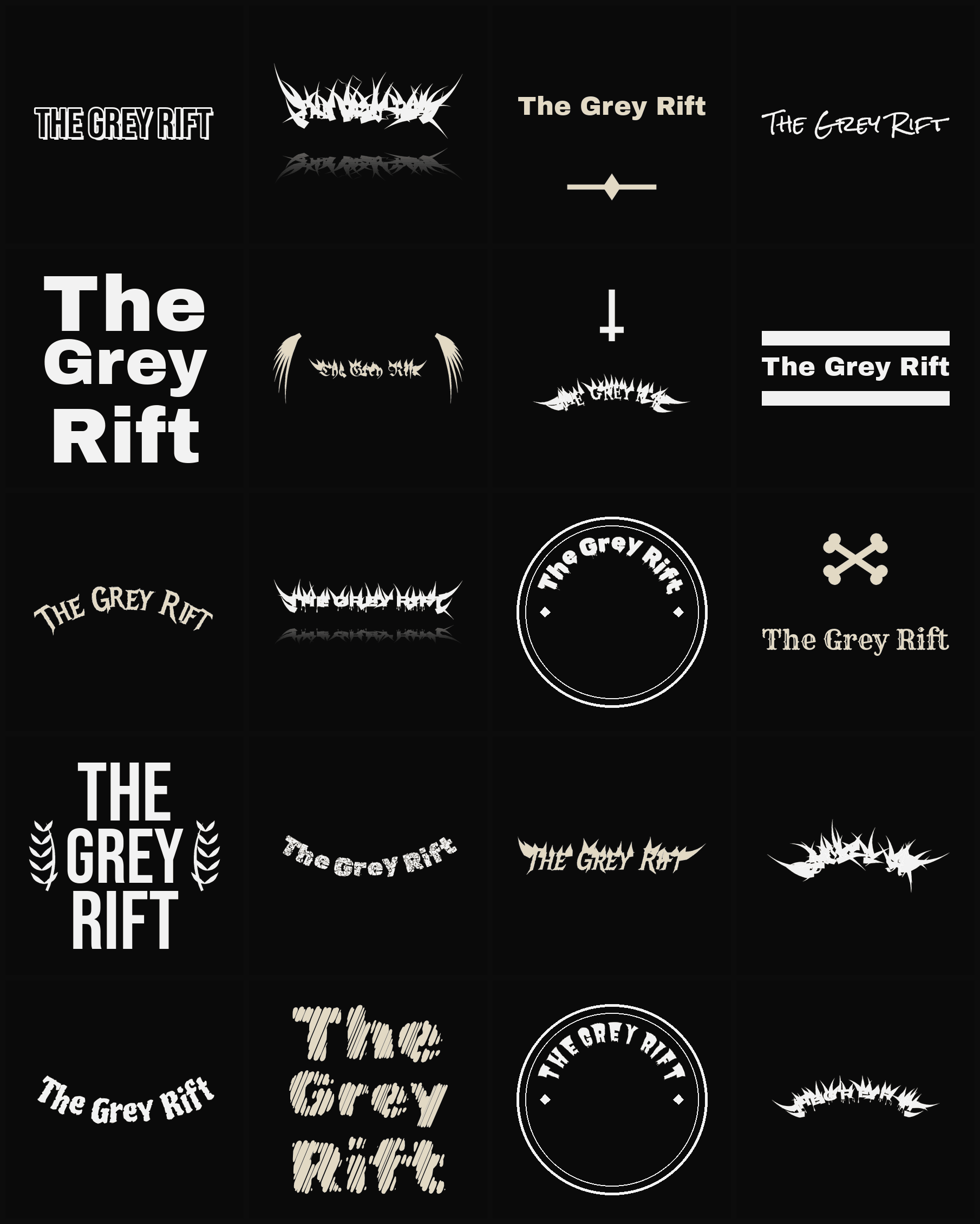 Twenty The Grey Rift band logo ideas — different faces, treatments and spike settings