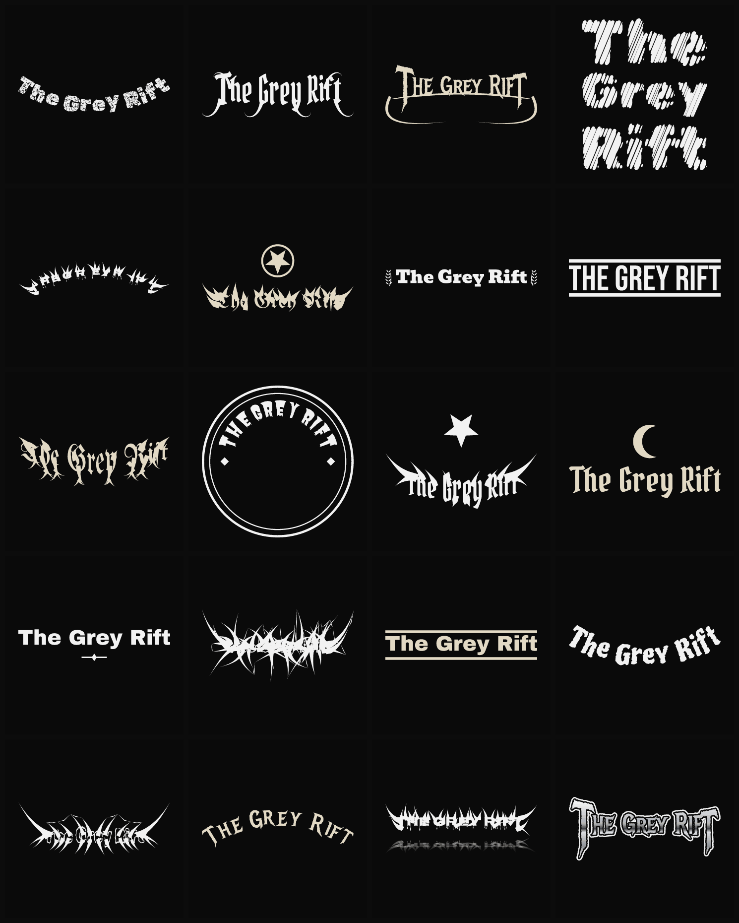 Twenty The Grey Rift band logo ideas — different faces, treatments and spike settings