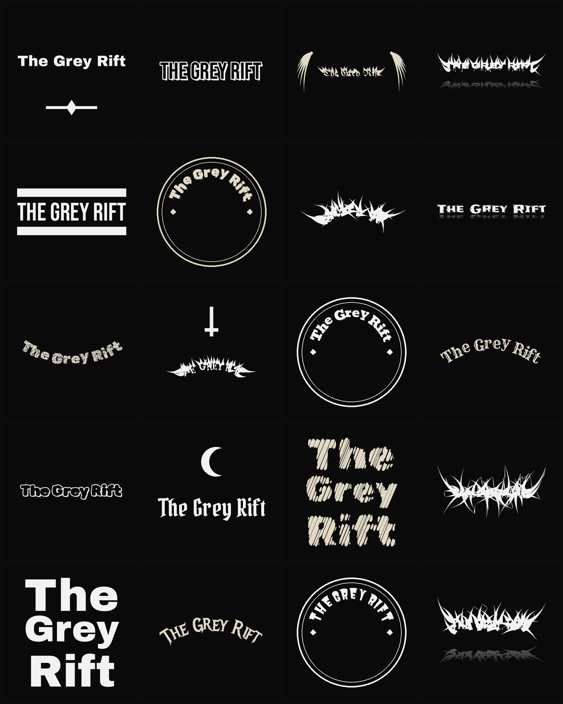 Twenty The Grey Rift band logo ideas — different faces, treatments and spike settings