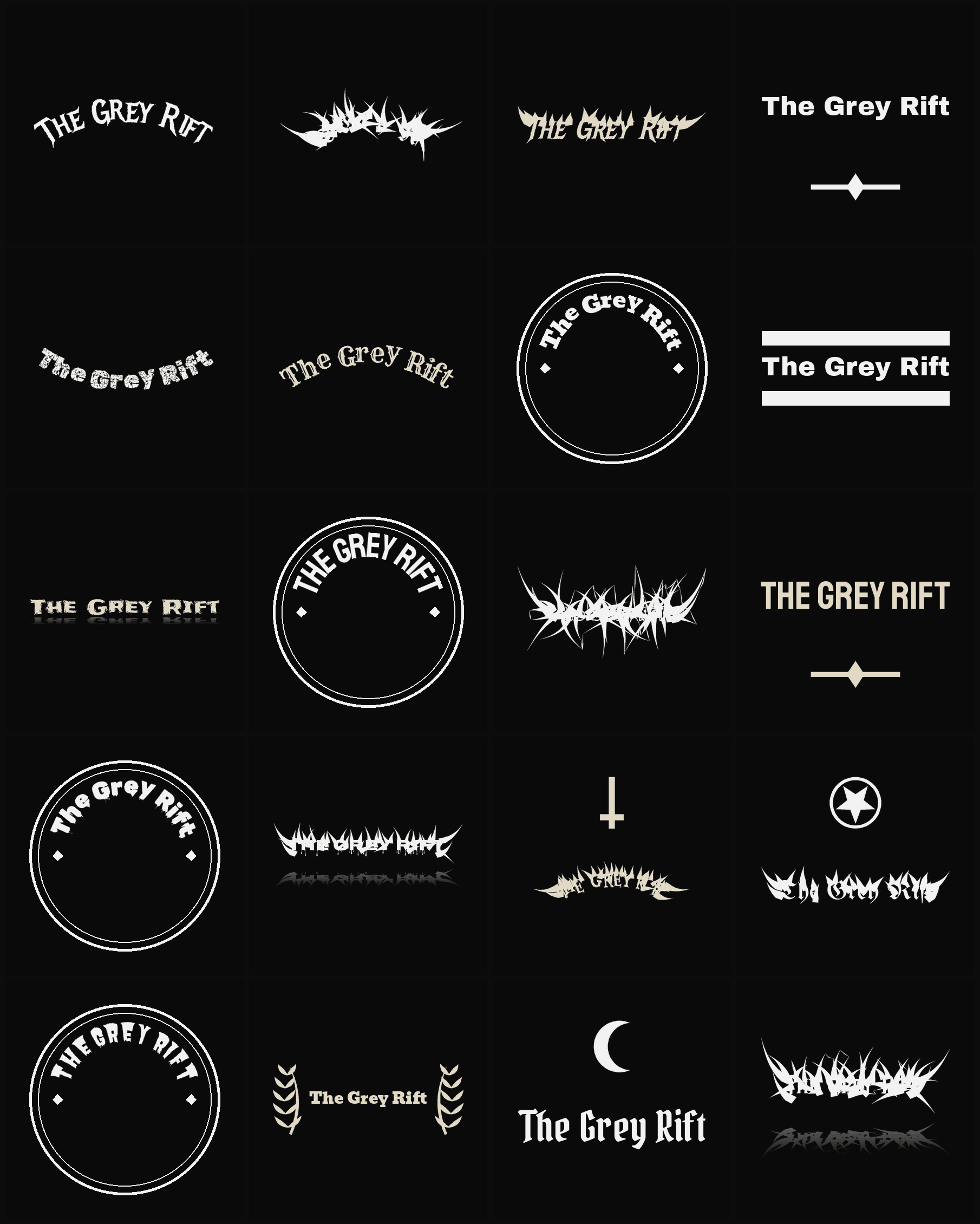 Twenty The Grey Rift band logo ideas — different faces, treatments and spike settings