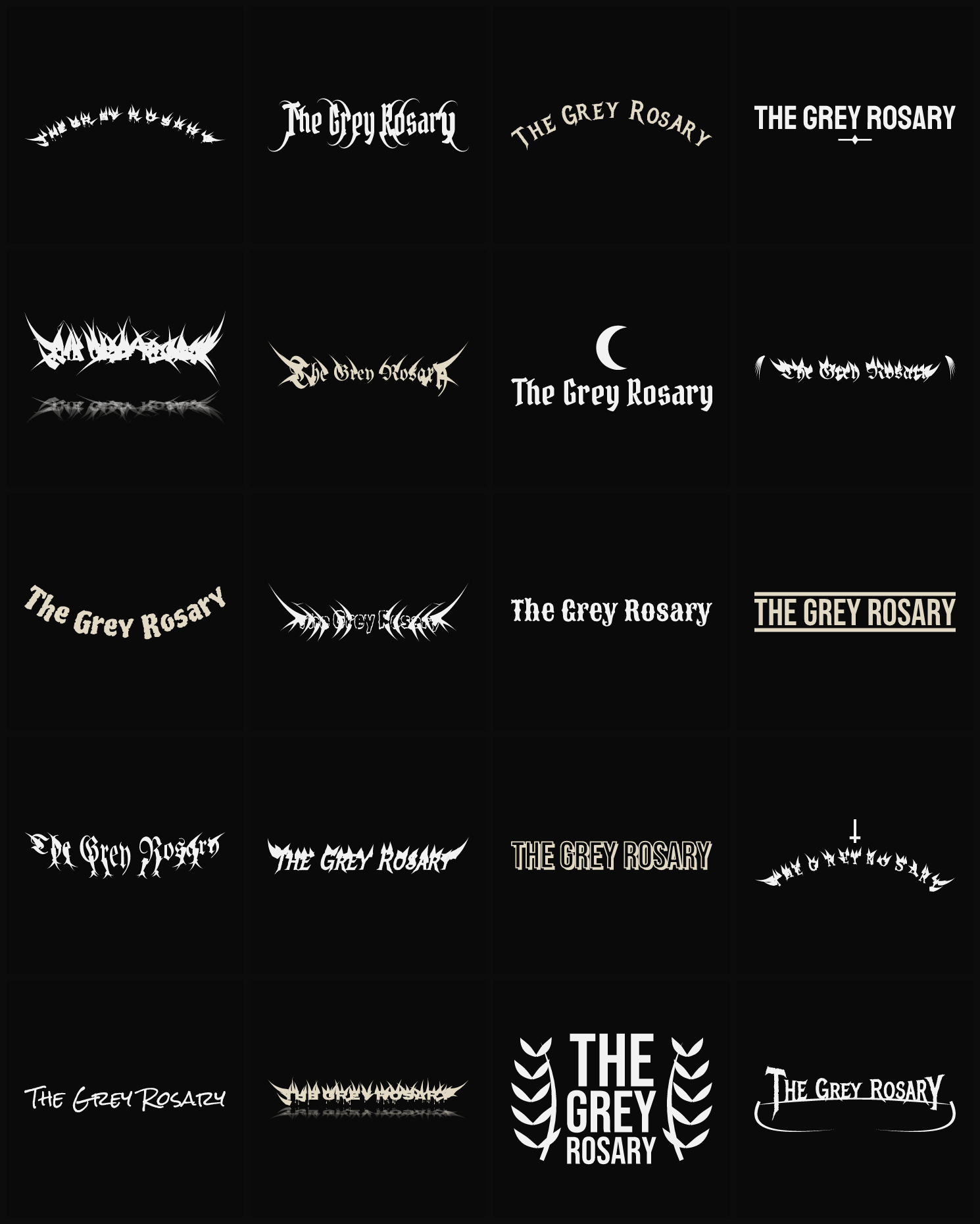 Twenty The Grey Rosary band logo ideas — different faces, treatments and spike settings