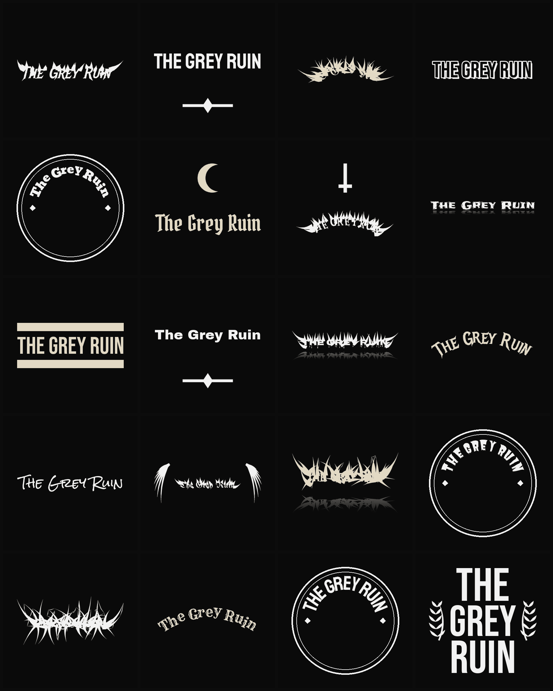 Twenty The Grey Ruin band logo ideas — different faces, treatments and spike settings