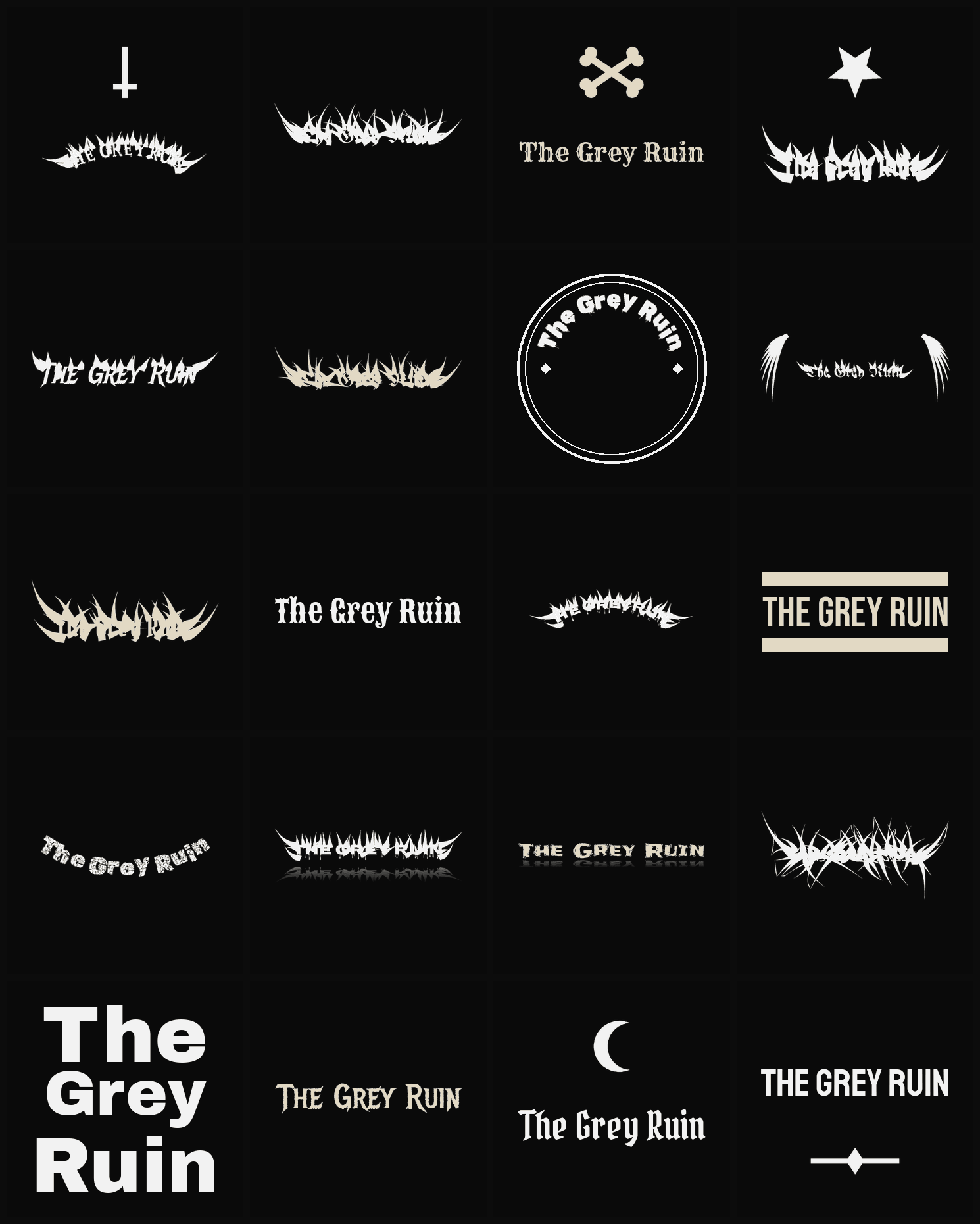 Twenty The Grey Ruin band logo ideas — different faces, treatments and spike settings