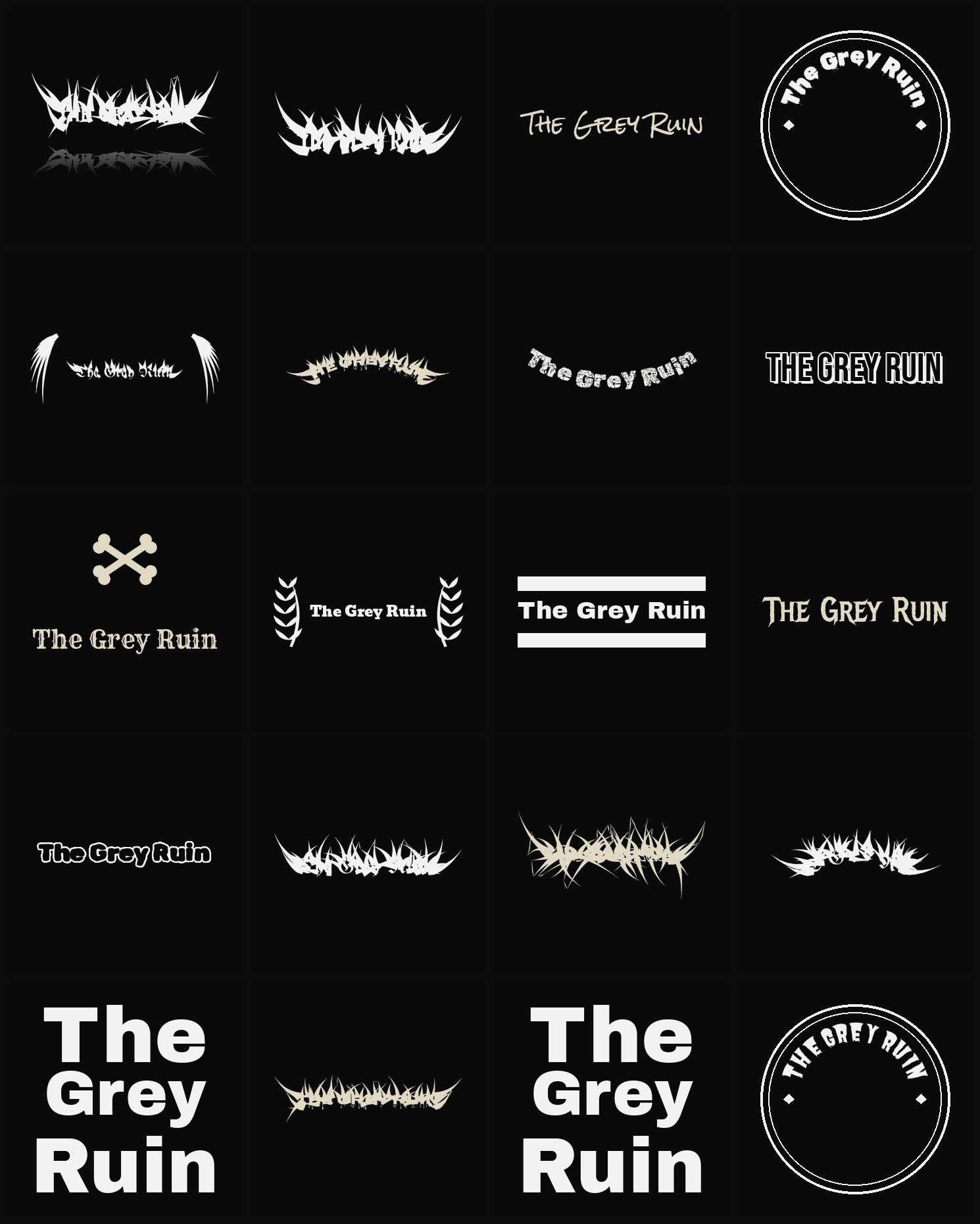 Twenty The Grey Ruin band logo ideas — different faces, treatments and spike settings