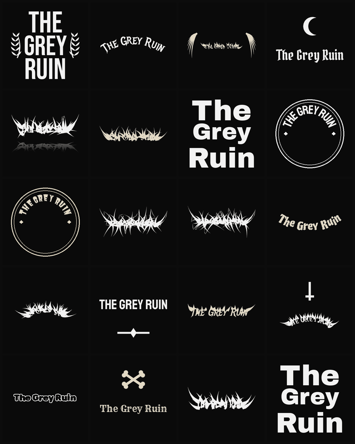Twenty The Grey Ruin band logo ideas — different faces, treatments and spike settings